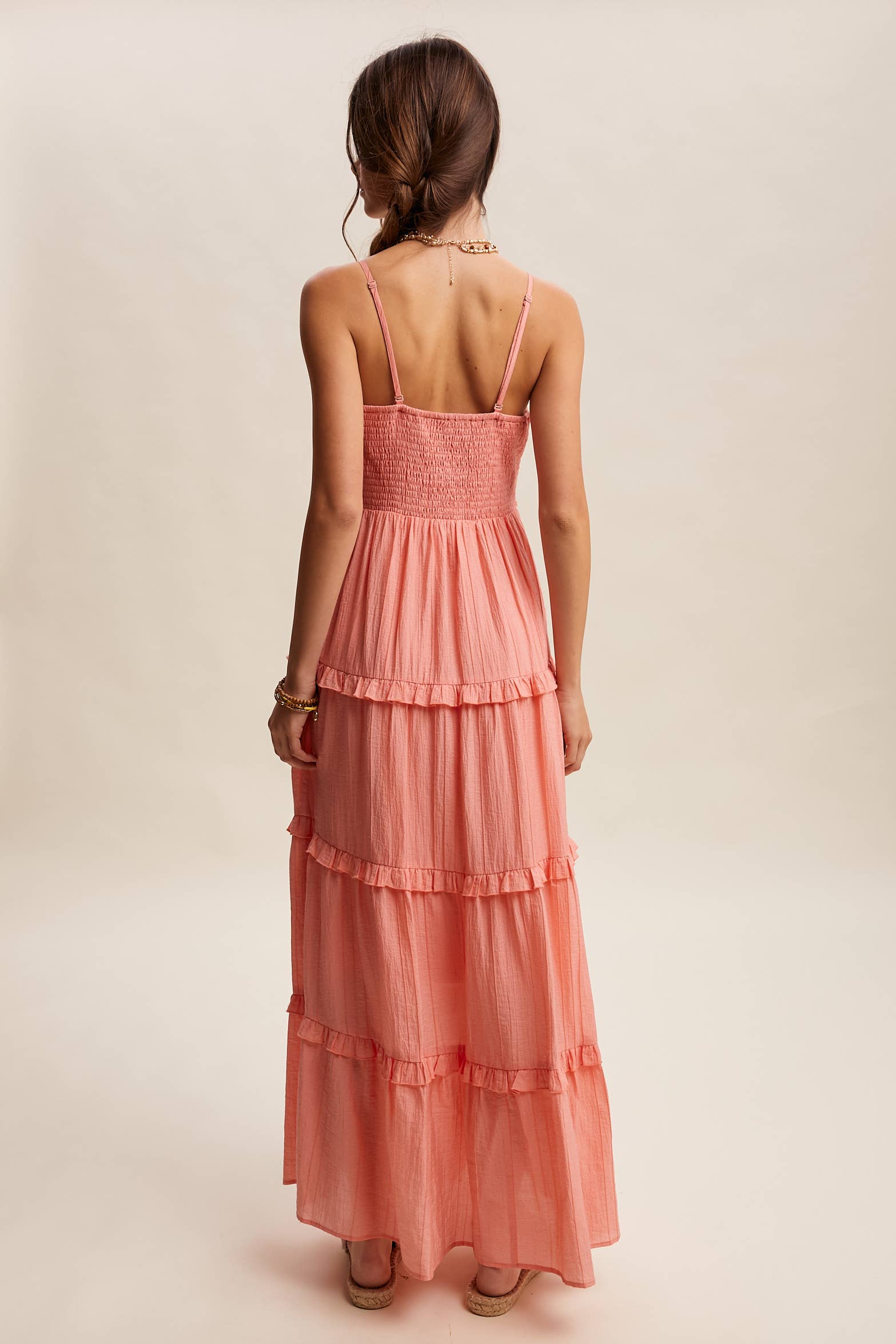 Tiered Spaghetti Strap Maxi Dress LD1393: Peach Coral / S /M/L