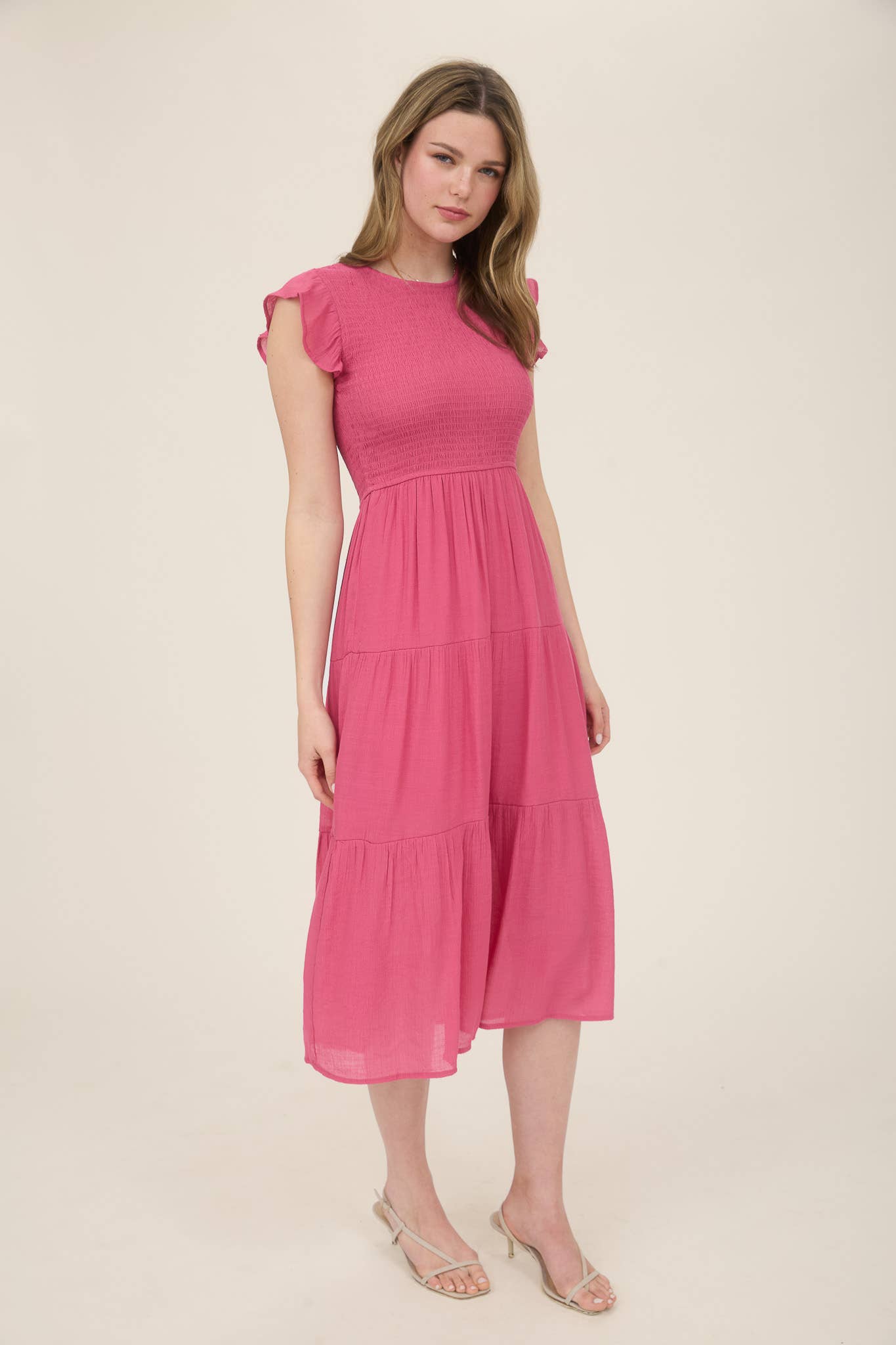 WOMEN SMOCKED TIERED MIDI DRESS HOT PINK S/M/L