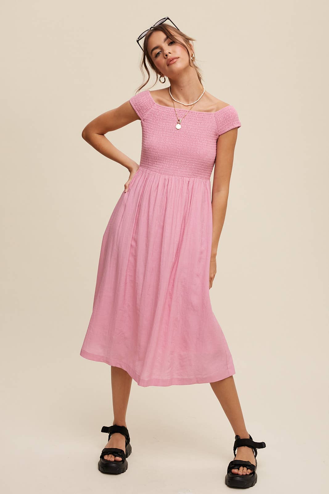 Smocked Bodice Cotton Midi Dress: Pink / S / M / L