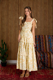 FLORAL SWEETHEART SMOCKED RUFFLE DETAIL MIDI DRESS: YELLOW MULTI