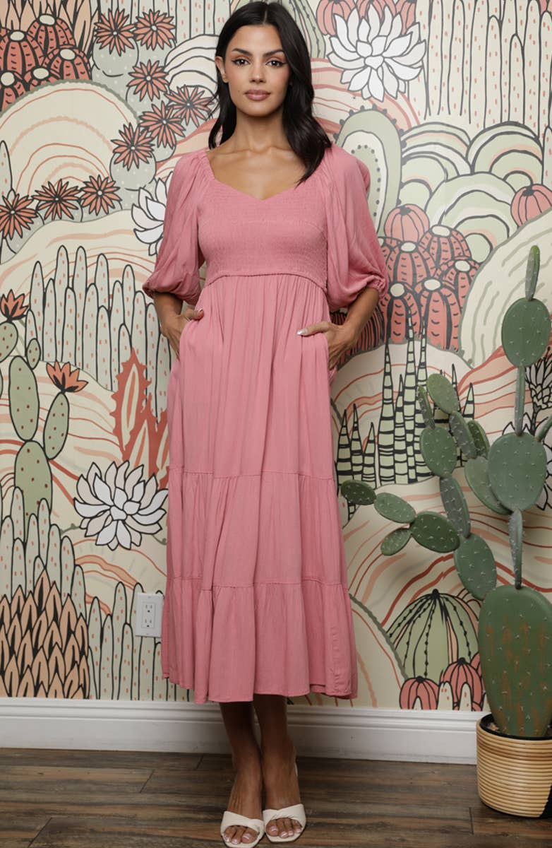 MIDI DRESS, SMOCKED BODICE HALF PUFF SLEEVE MIDI DRESS: ROSE / S/M/L