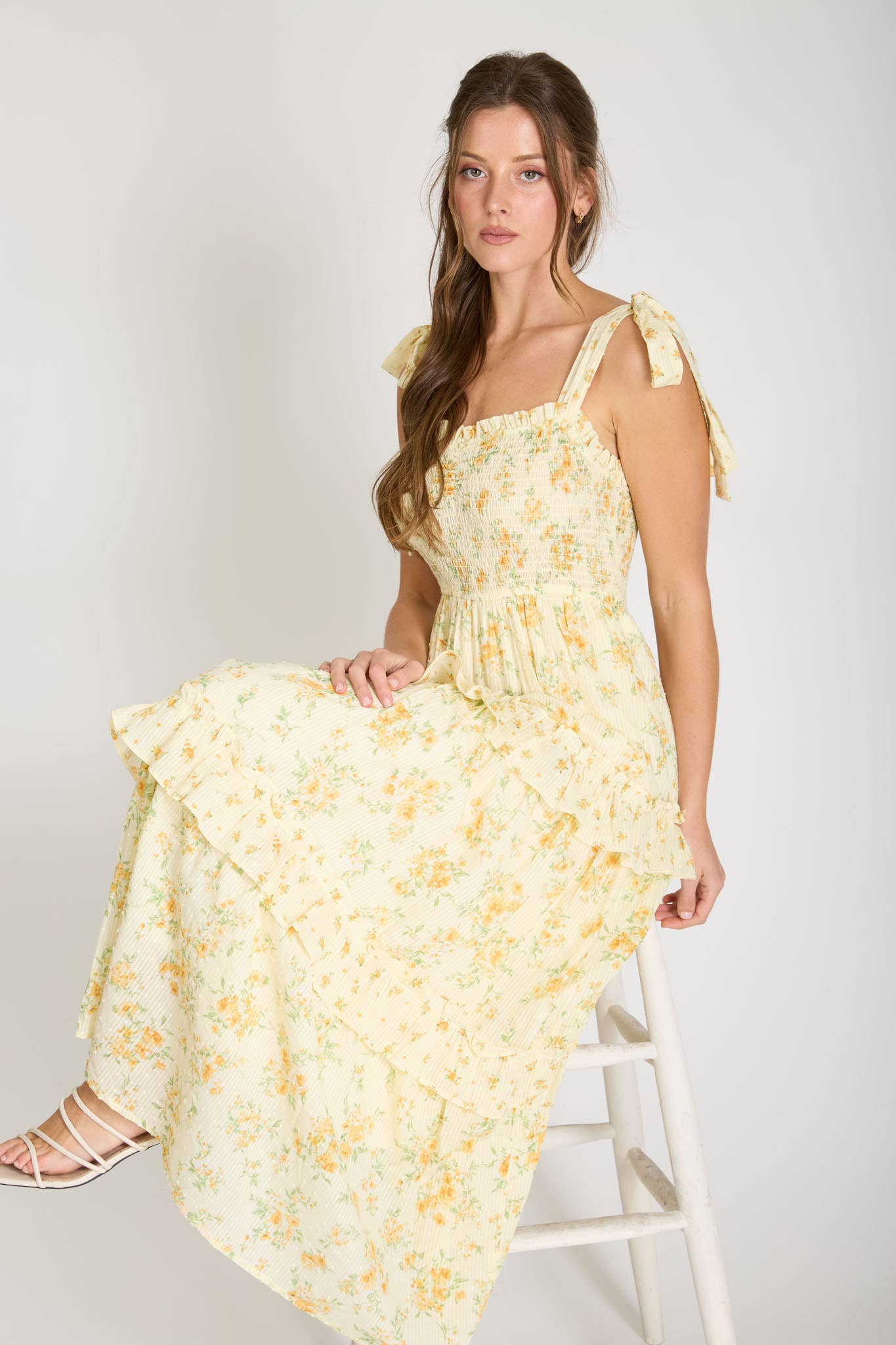 FLORAL SWEETHEART SMOCKED RUFFLE DETAIL MIDI DRESS: YELLOW MULTI