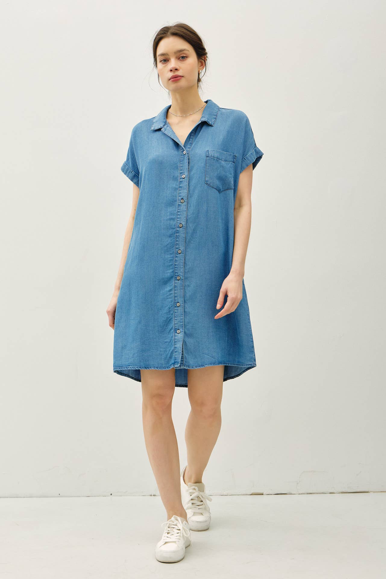 DENIM MED WASH BUTTON DOWN TENCEL DRESS : MED WASH / L