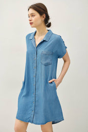 DENIM WASH BUTTON DOWN TENCEL DRESS : MED WASH / M
