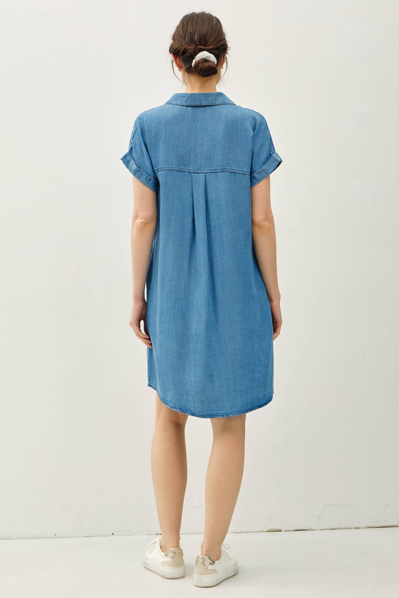 DENIM MED WASH BUTTON DOWN TENCEL DRESS : MED WASH / L