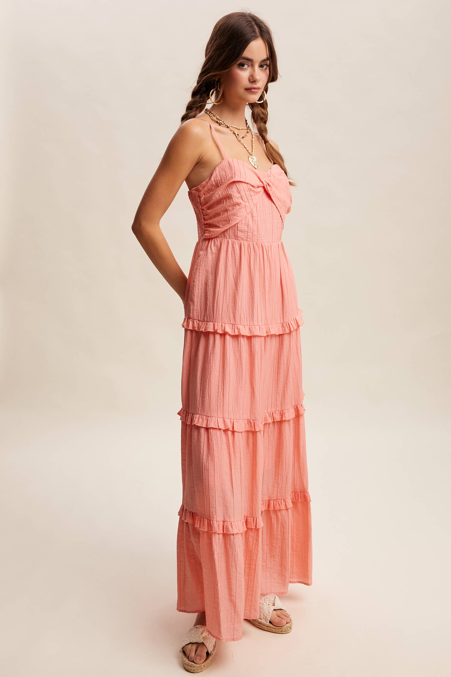 Tiered Spaghetti Strap Maxi Dress LD1393: Peach Coral / S /M/L