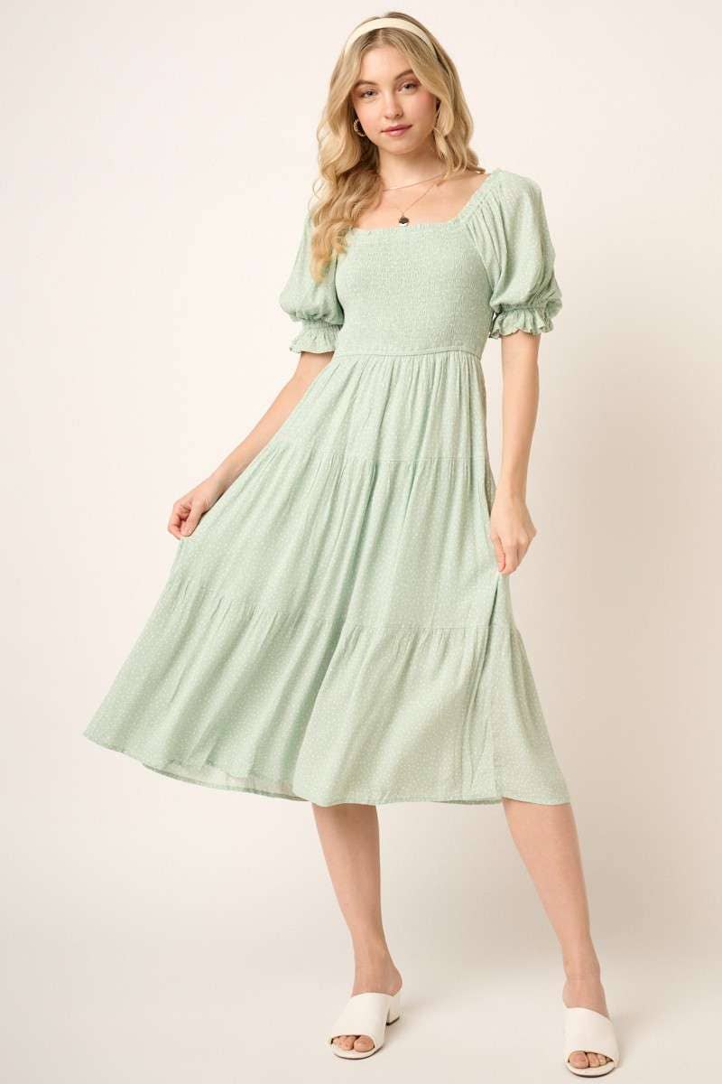 MIDI WOMEN DRESS, SMOCKING BODICE MIDI DRESS: Mint S-M-L