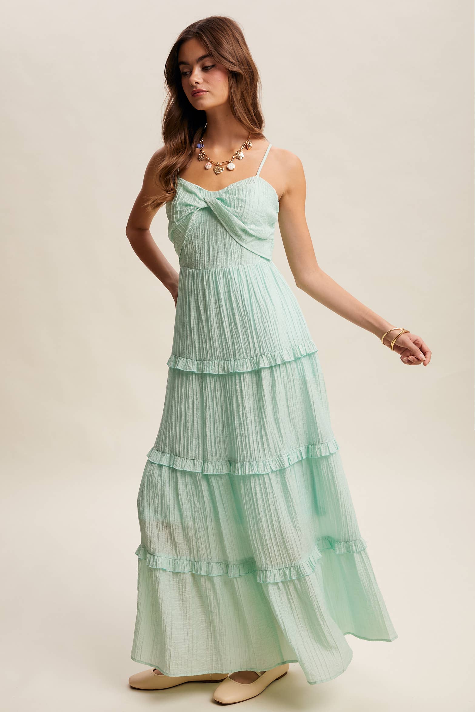 Tiered Spaghetti Strap Maxi Dress LD1393: Peach Coral / S /M/L