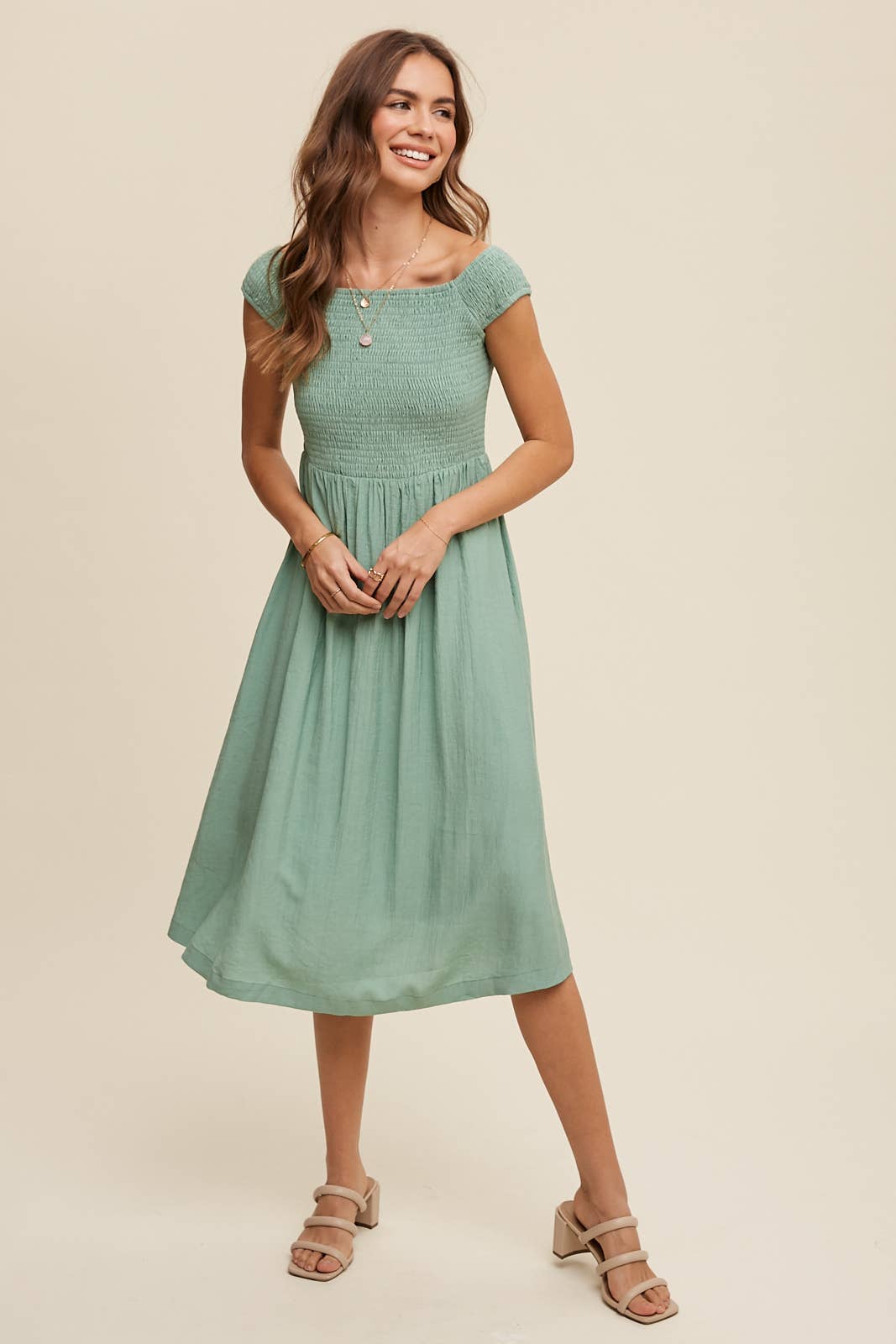 Smocked Bodice Cotton Midi Dress: Pink / S / M / L