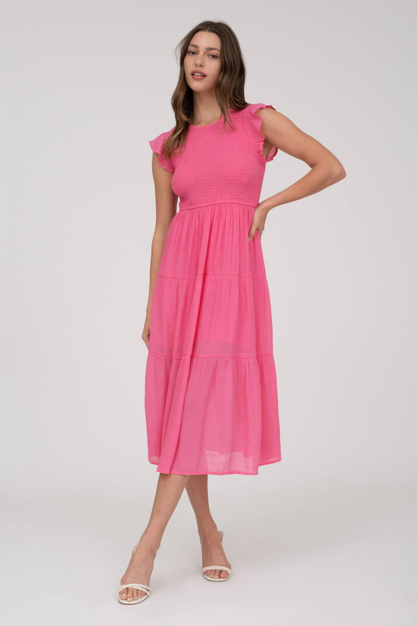 WOMEN SMOCKED TIERED MIDI DRESS HOT PINK S/M/L