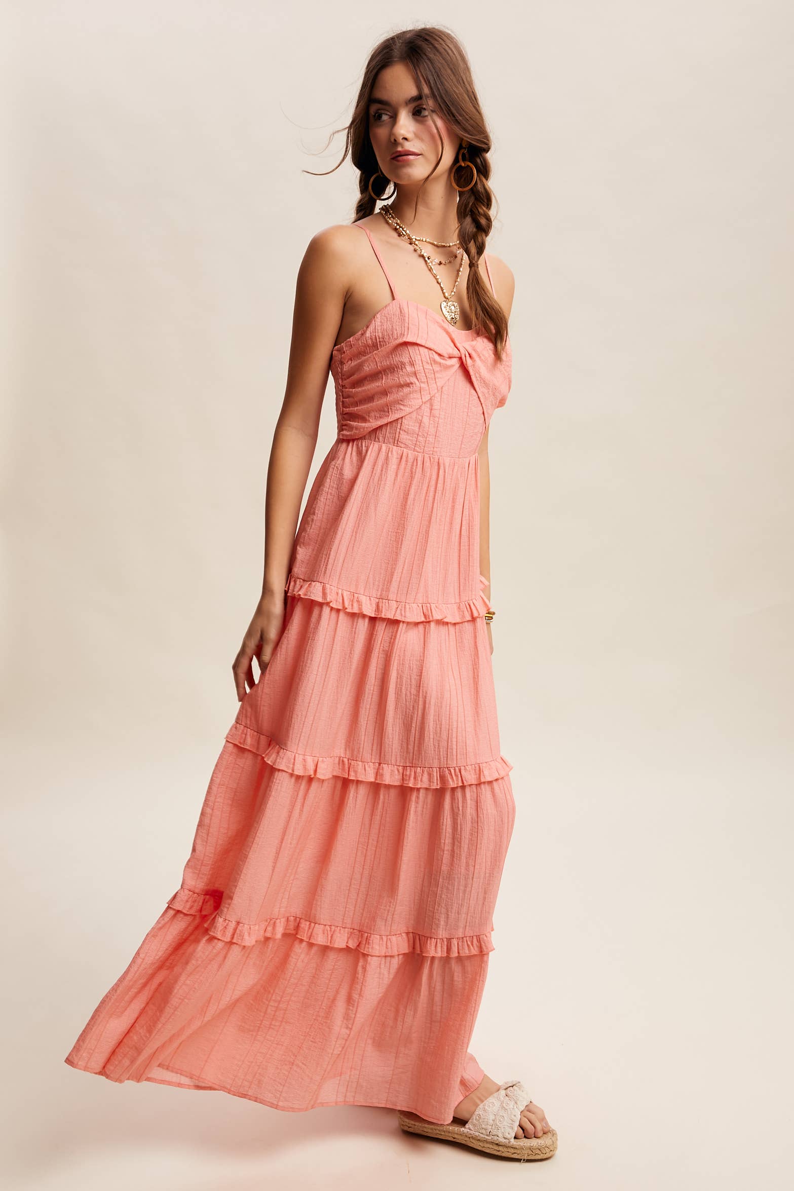 Tiered Spaghetti Strap Maxi Dress LD1393: Peach Coral / S /M/L