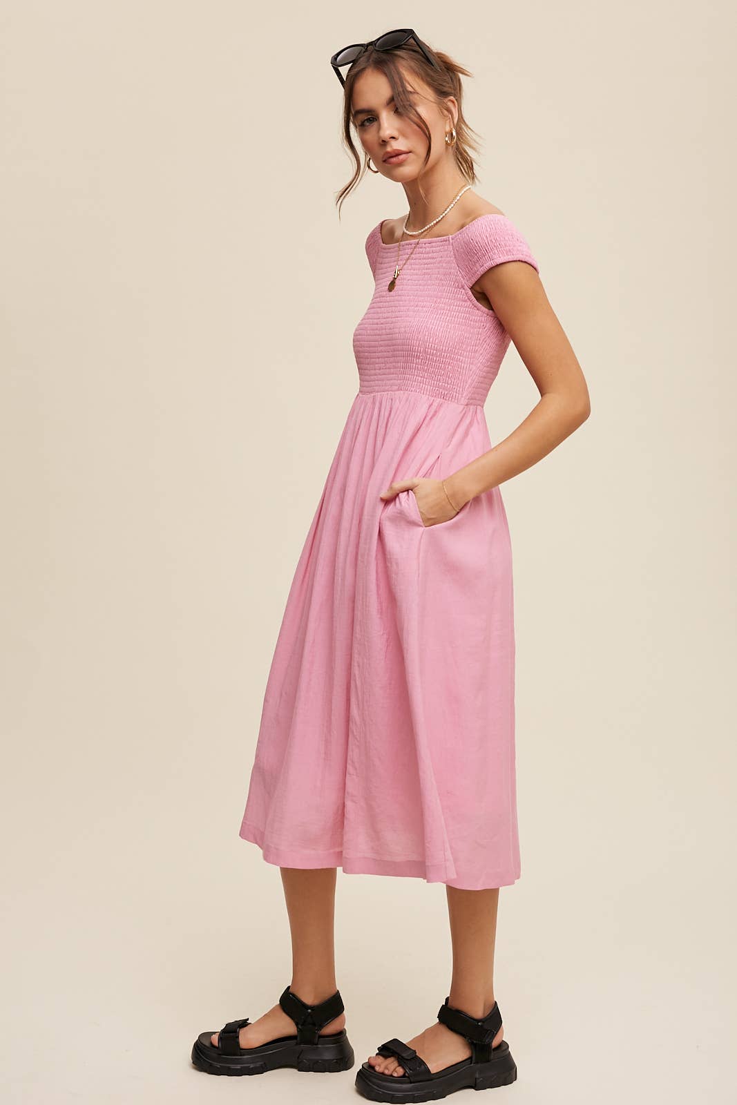 Smocked Bodice Cotton Midi Dress: Pink / S / M / L