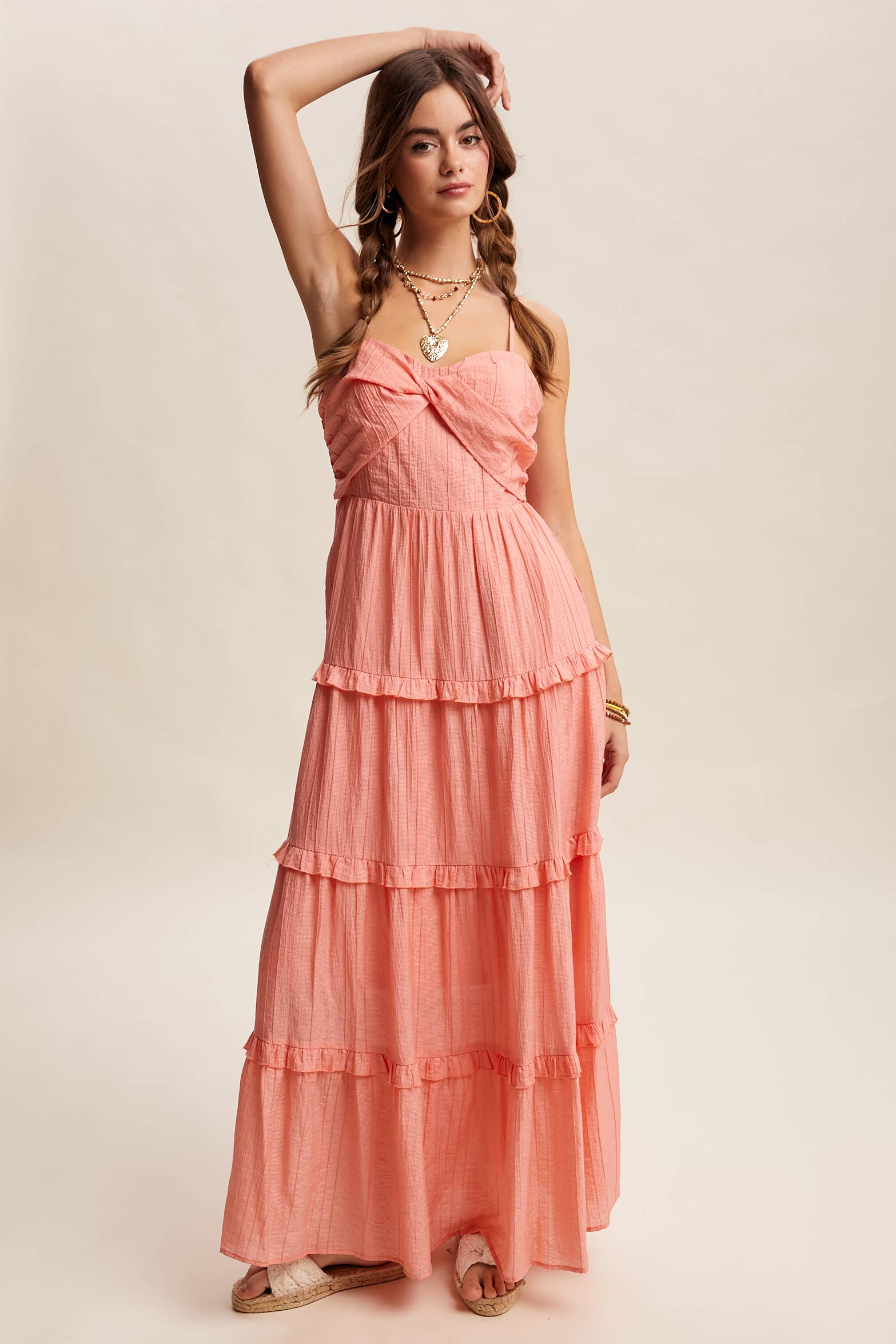 Tiered Spaghetti Strap Maxi Dress LD1393: Peach Coral / S /M/L