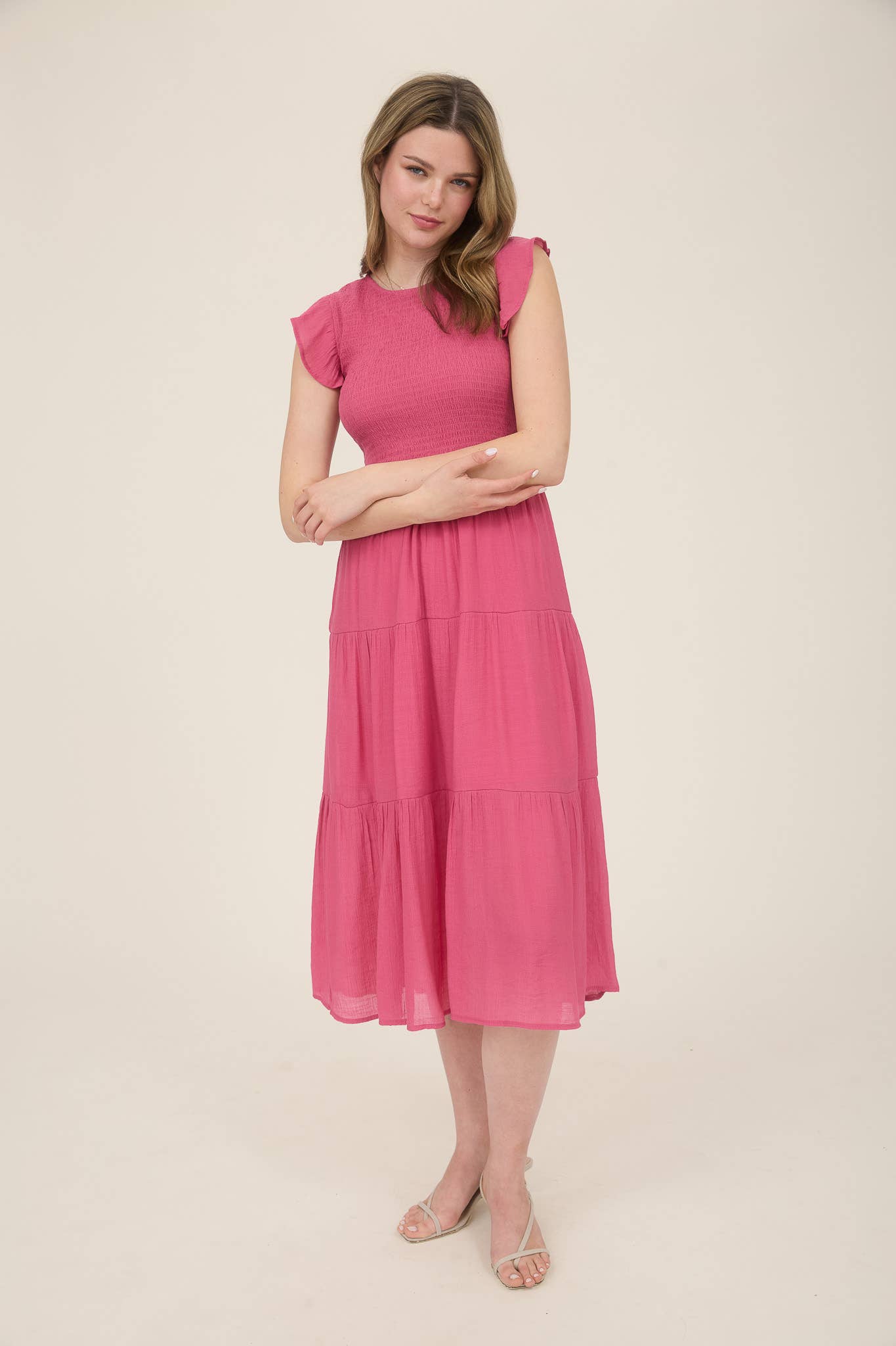 WOMEN SMOCKED TIERED MIDI DRESS HOT PINK S/M/L