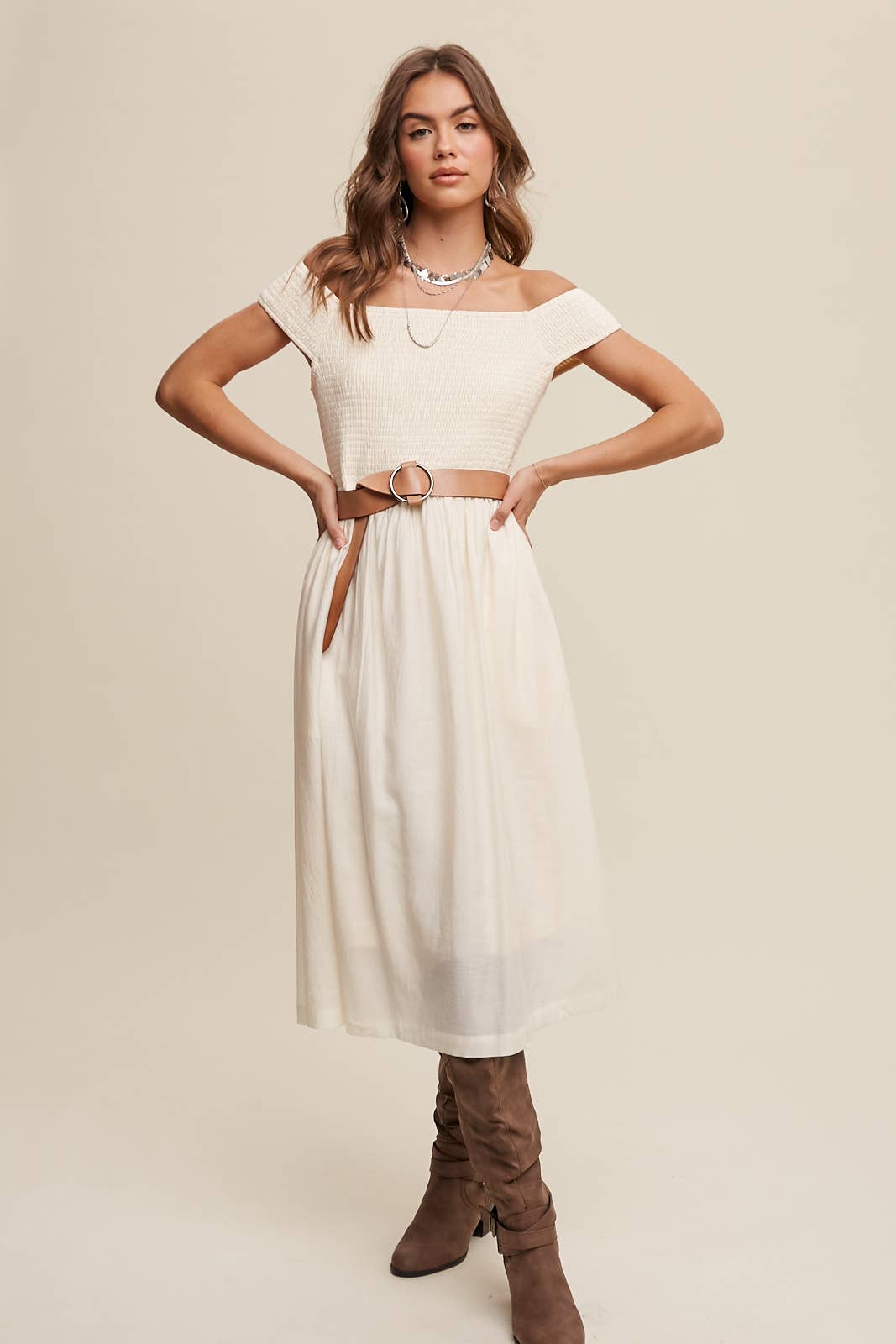 Smocked Bodice Cotton Midi Dress: Pink / S / M / L