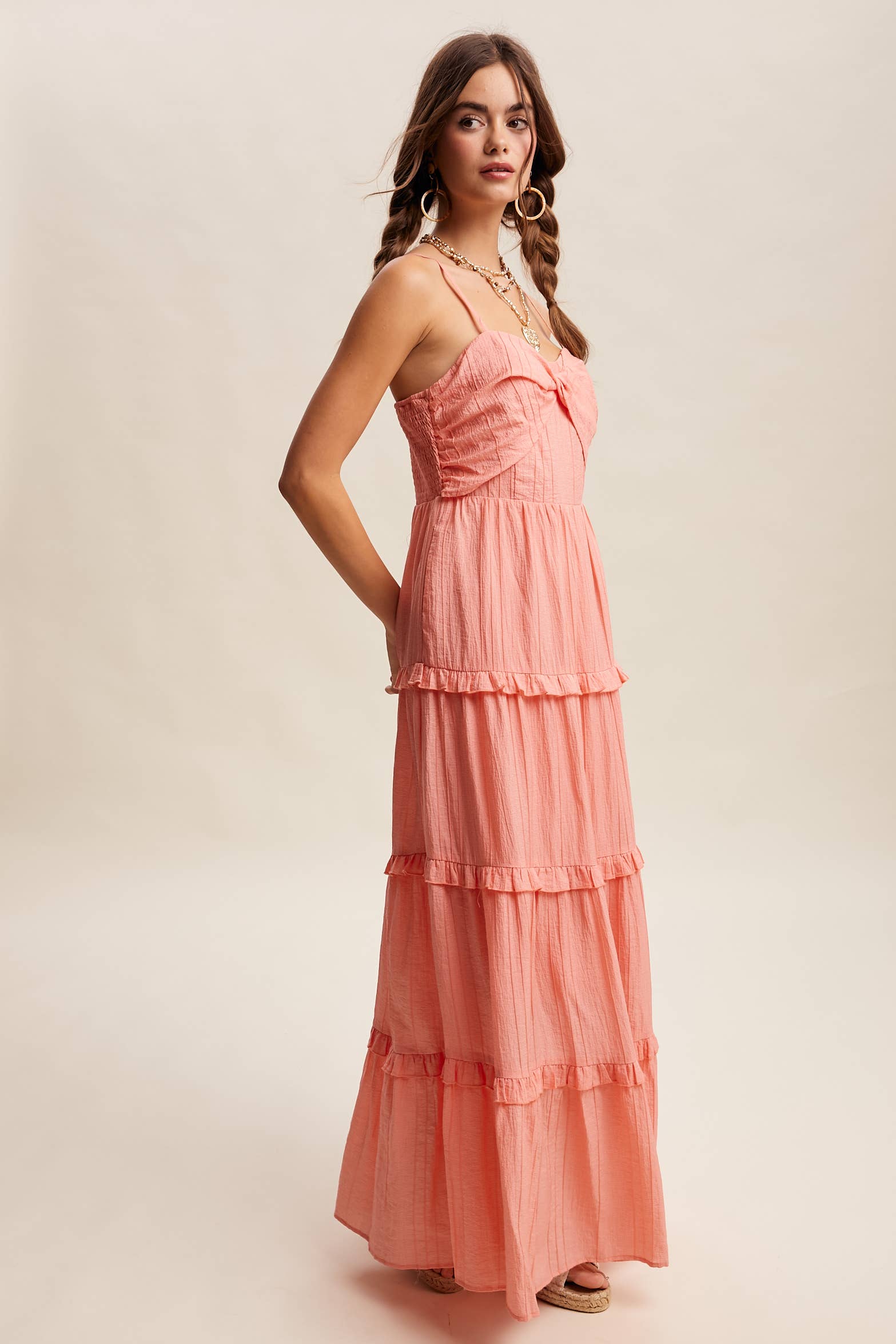 Tiered Spaghetti Strap Maxi Dress LD1393: Peach Coral / S /M/L