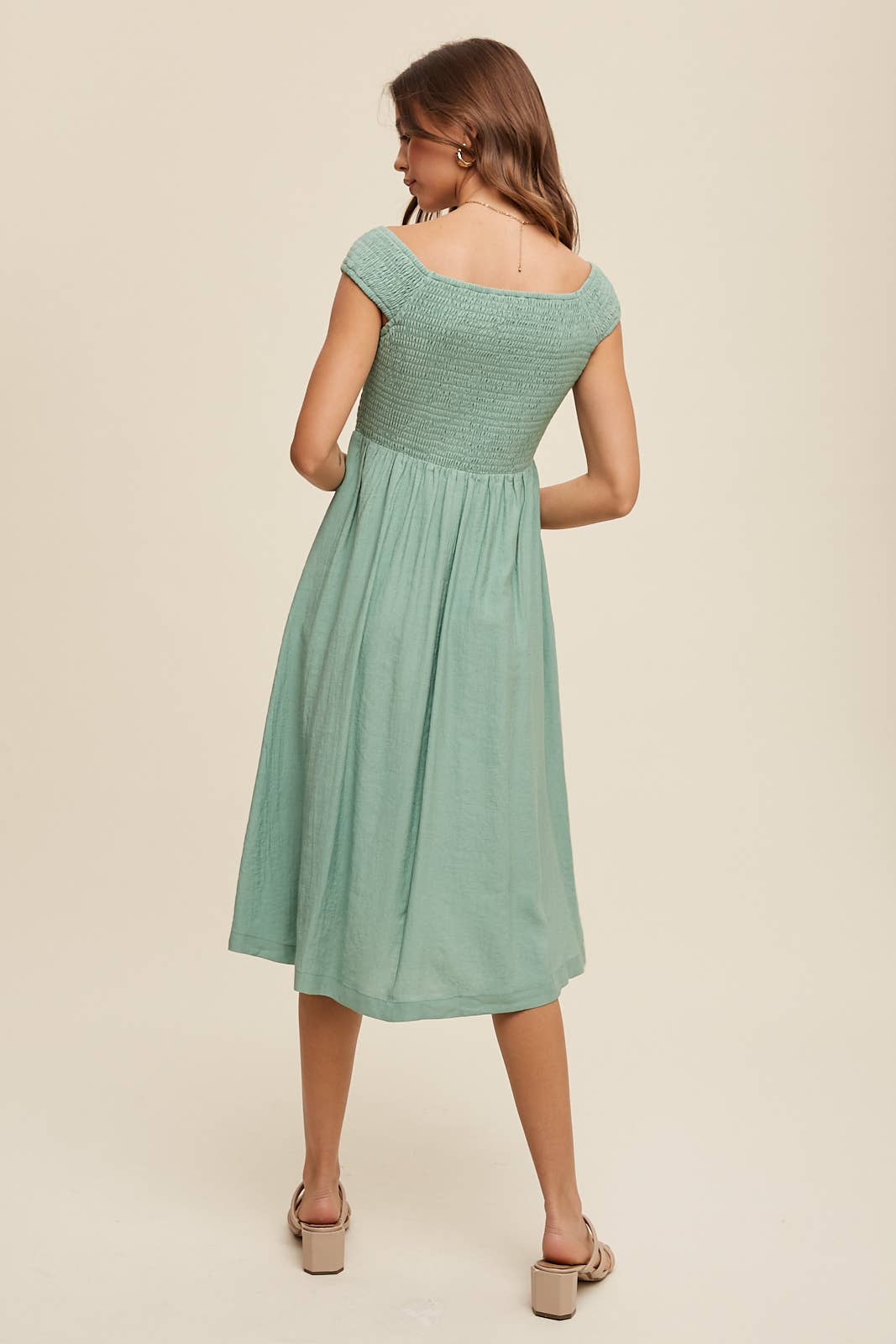 Smocked Bodice Cotton Midi Dress: Pink / S / M / L