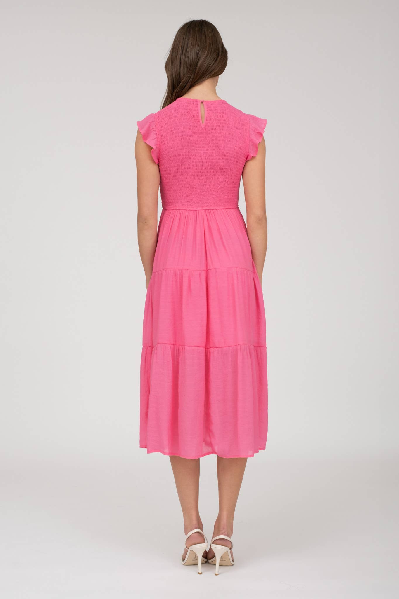 WOMEN SMOCKED TIERED MIDI DRESS HOT PINK S/M/L