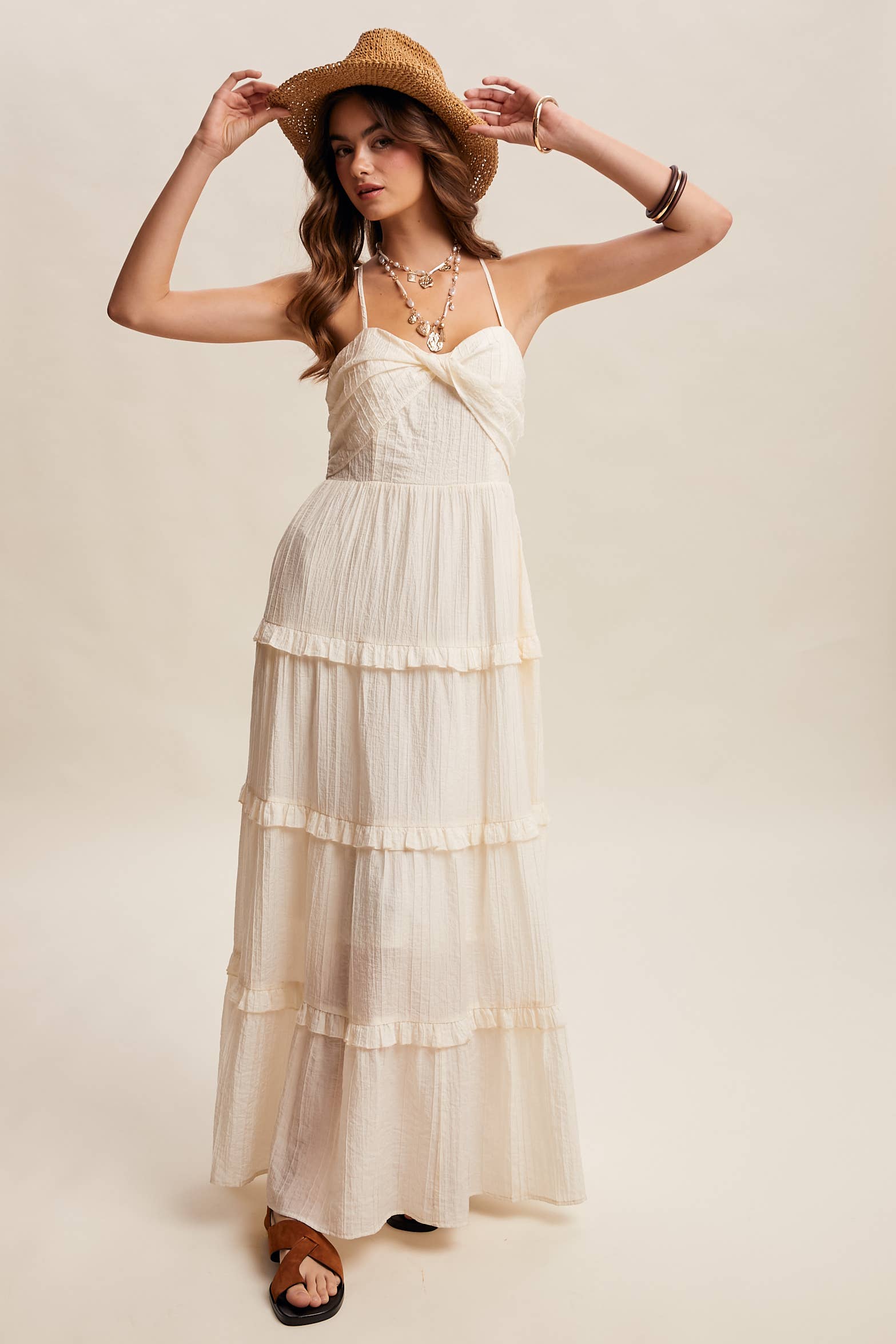Tiered Spaghetti Strap Maxi Dress LD1393: Cream / Small/ Medium/ Large