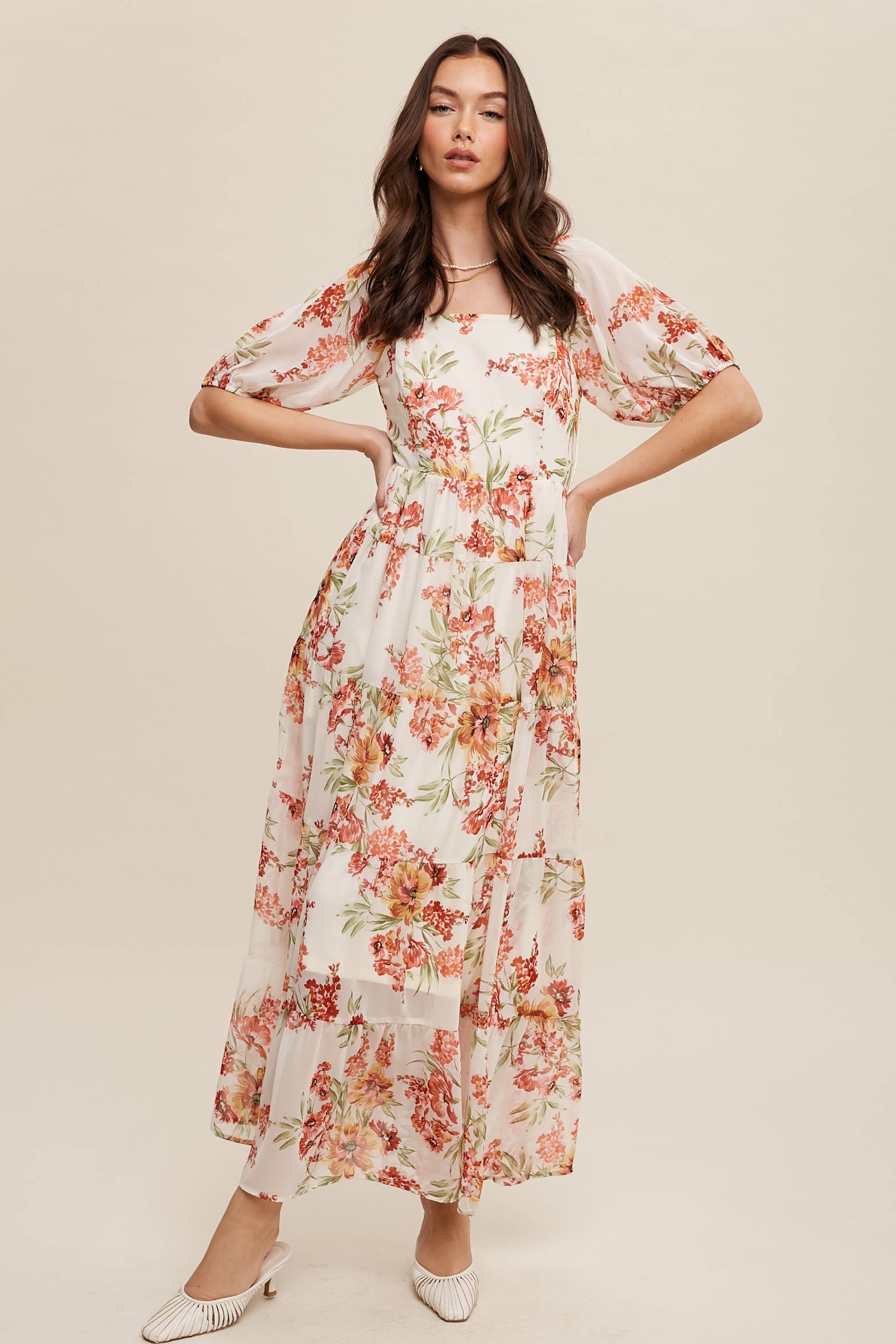 Floral Tiered Maxi Dress: Cream / L