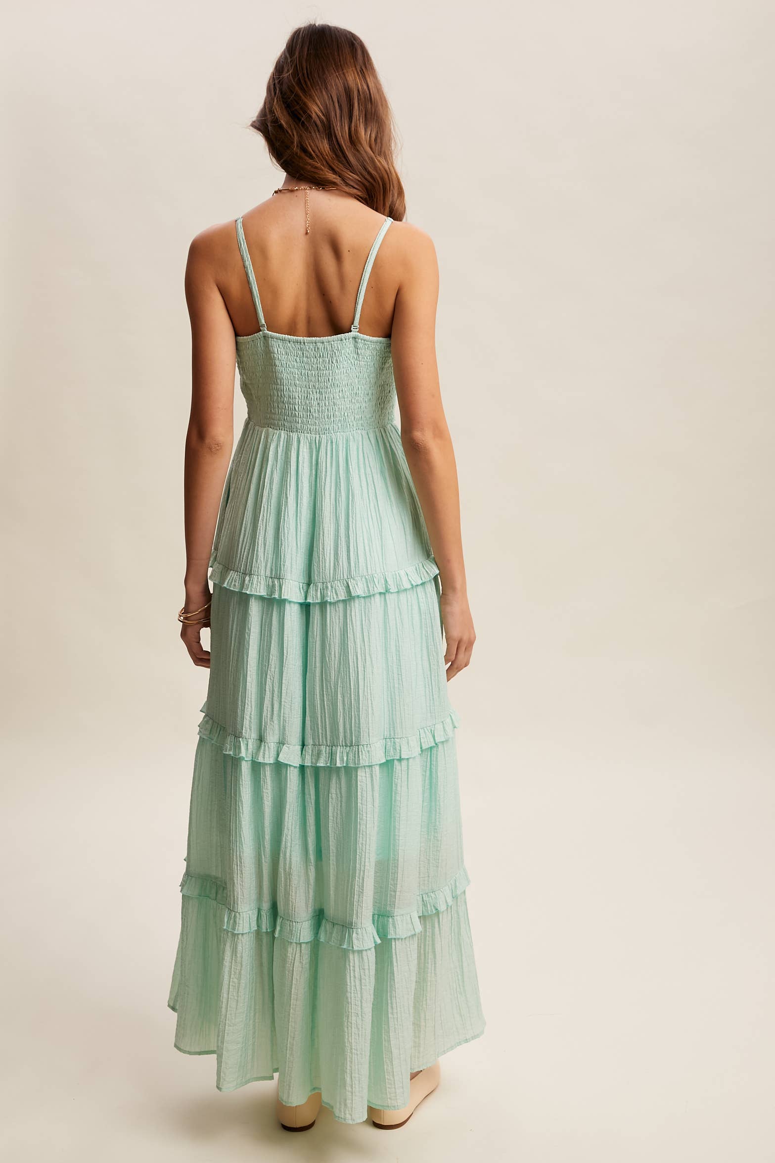 Tiered Spaghetti Strap Maxi Dress LD1393: Peach Coral / S /M/L