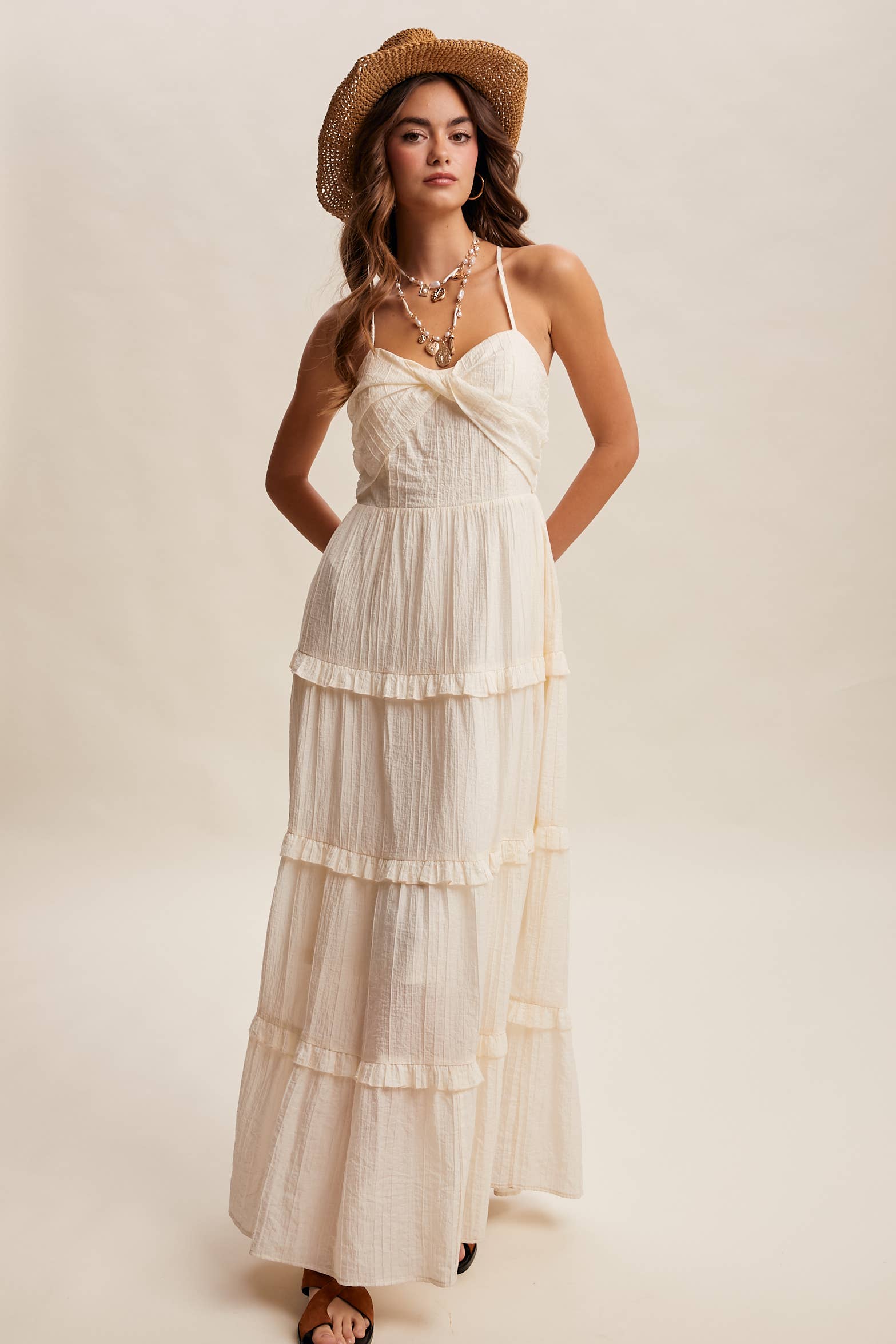 Tiered Spaghetti Strap Maxi Dress LD1393: Peach Coral / S /M/L