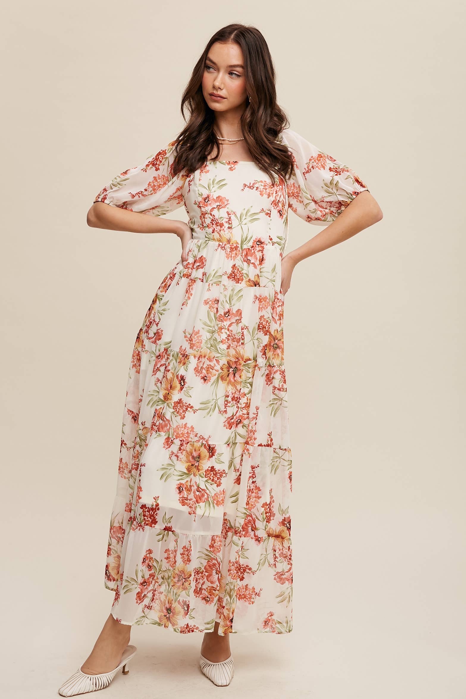 Floral Tiered Maxi Dress: Cream / L