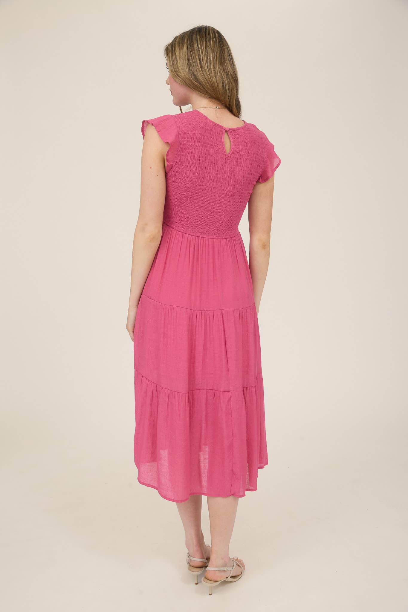 WOMEN SMOCKED TIERED MIDI DRESS HOT PINK S/M/L