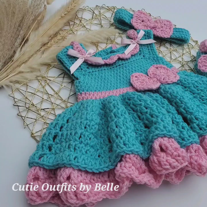 Turquoise and Pink Crochet Baby Dress, Handmade Crochet Baby Outfit, Baby Photo Outfit