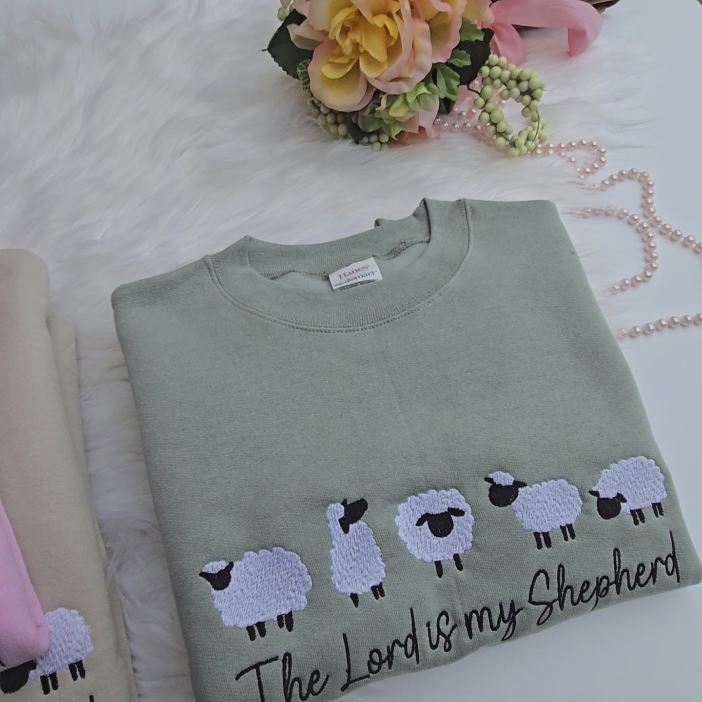 Load video: Light Pink Women Embroidered Sweatshirt,  The Lord is my Shepherd, Faith