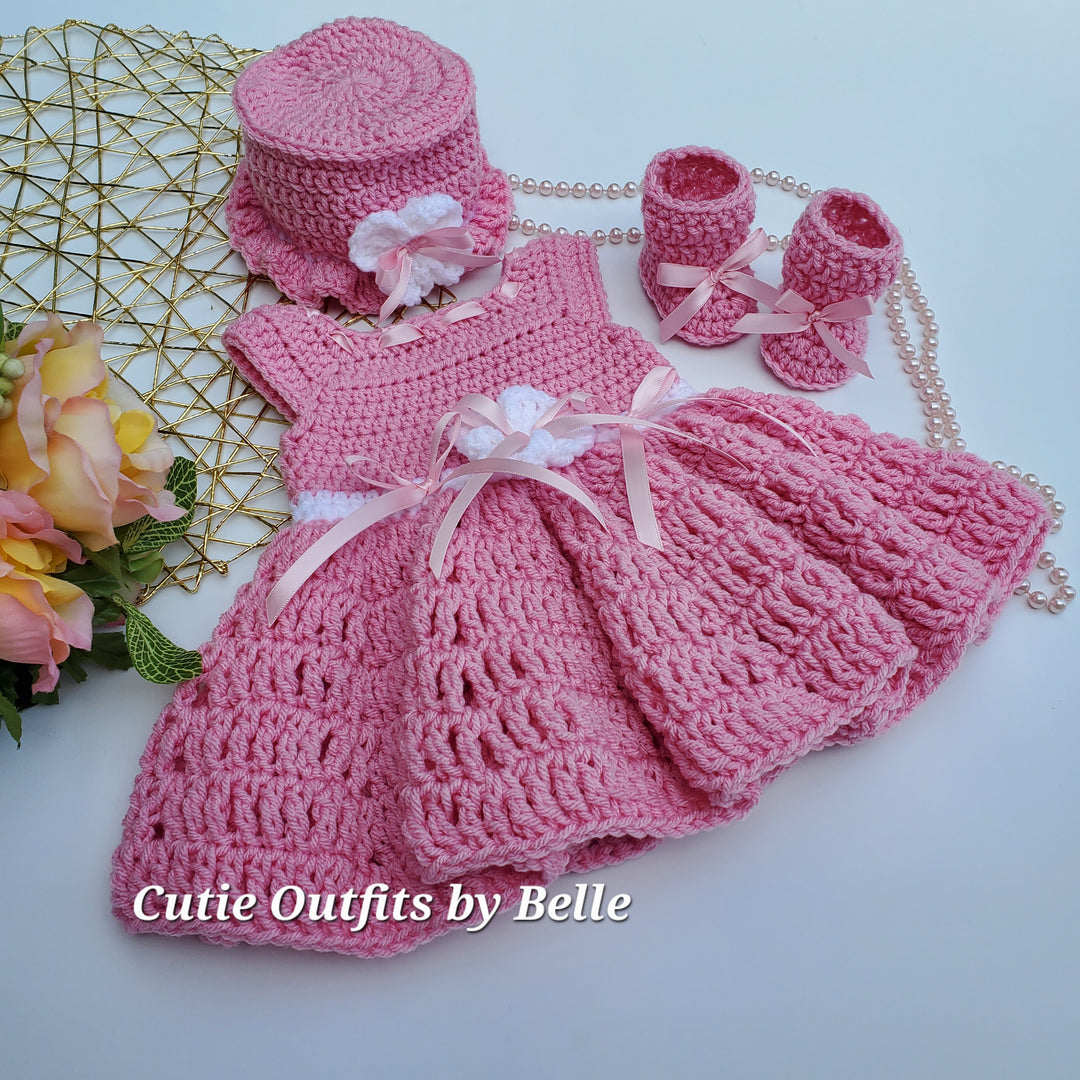 Yellow Crochet Baby Dress, Hat and Booties, 0-3 Months or Newborn