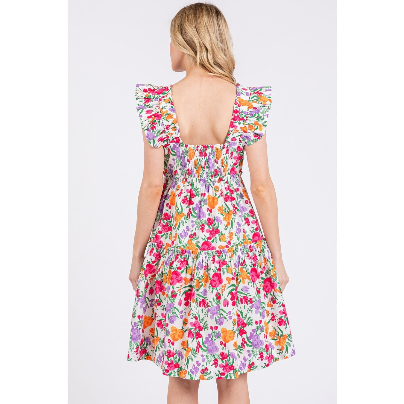 Cotton Women's Dress Multicolor Flower Print, Ruffle Shoulder A-Line Mini Dress