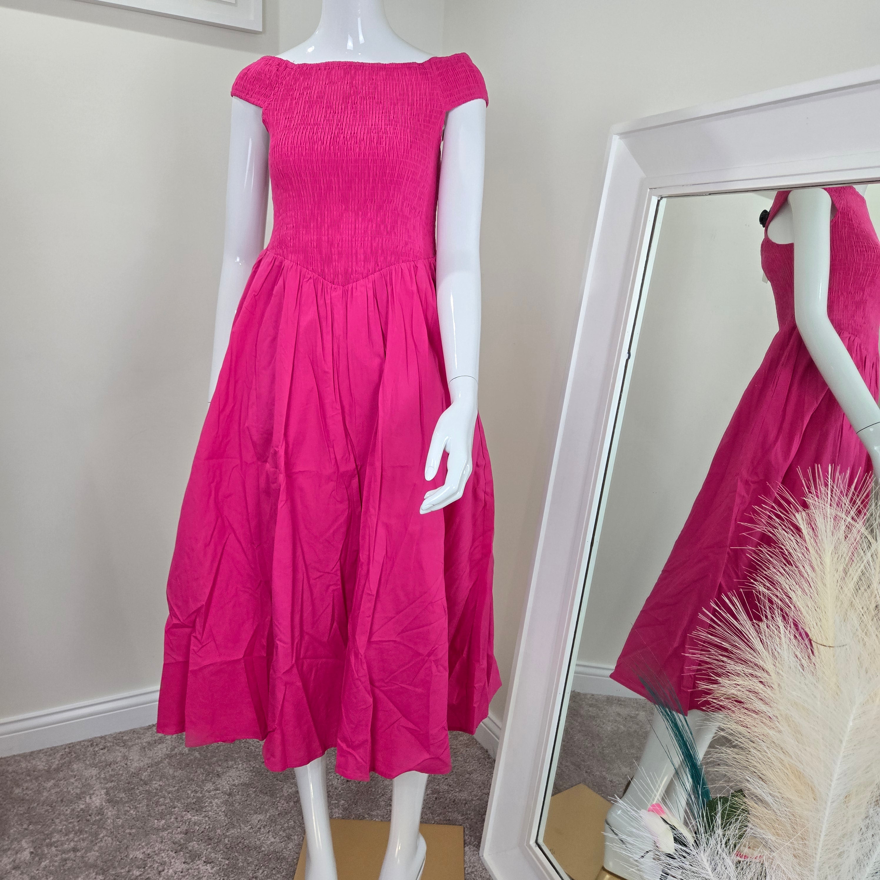 Fuchsia Smocked Dress, Fuchsia Women Midi Dress, Offshoulder