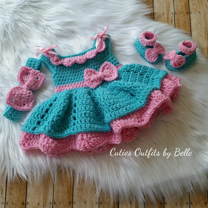 Turquoise and Pink Crochet Baby Dress, Handmade Crochet Baby Outfit, Baby Photo Outfit