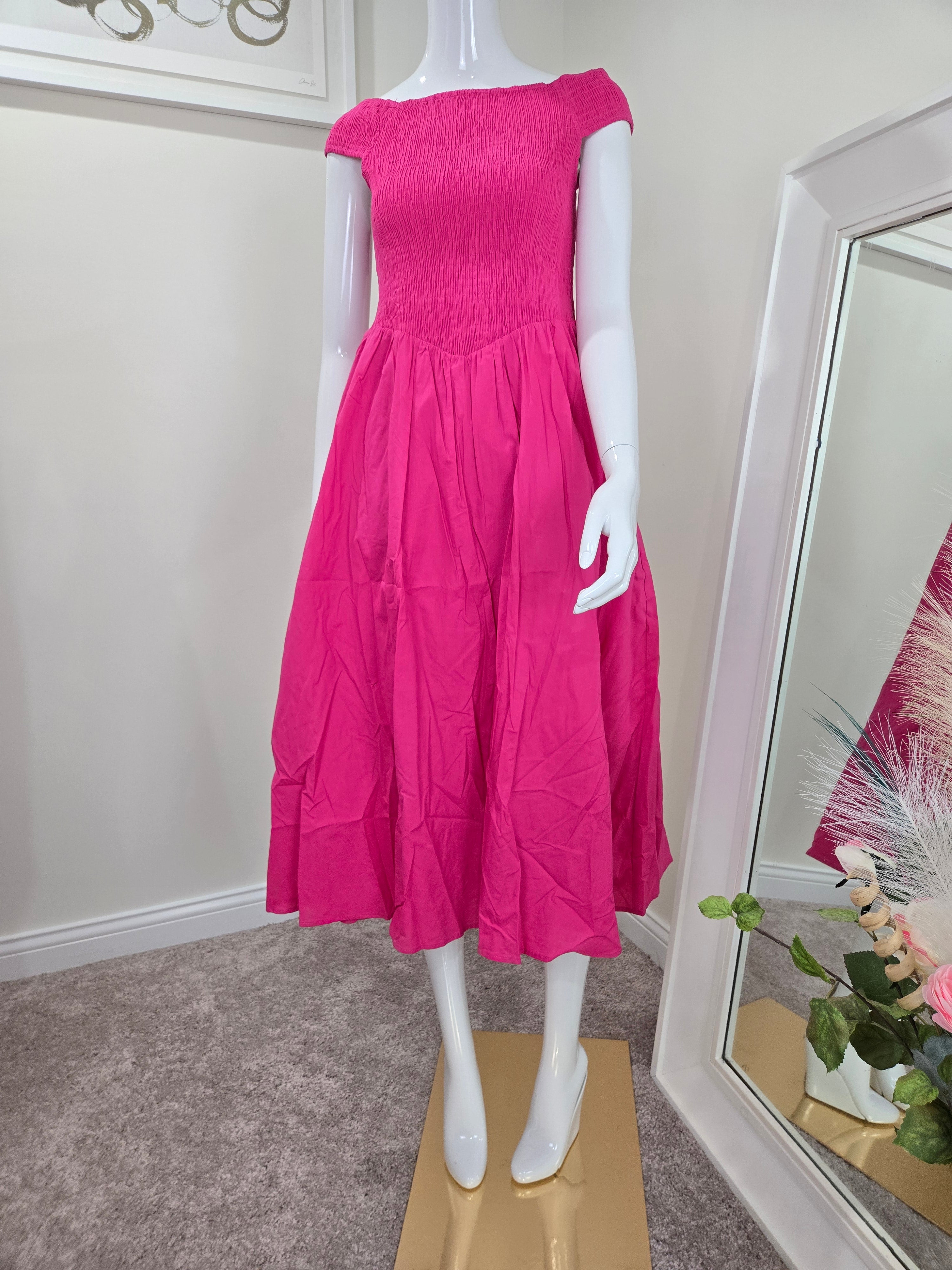 Fuchsia Smocked Dress, Fuchsia Women Midi Dress, Offshoulder