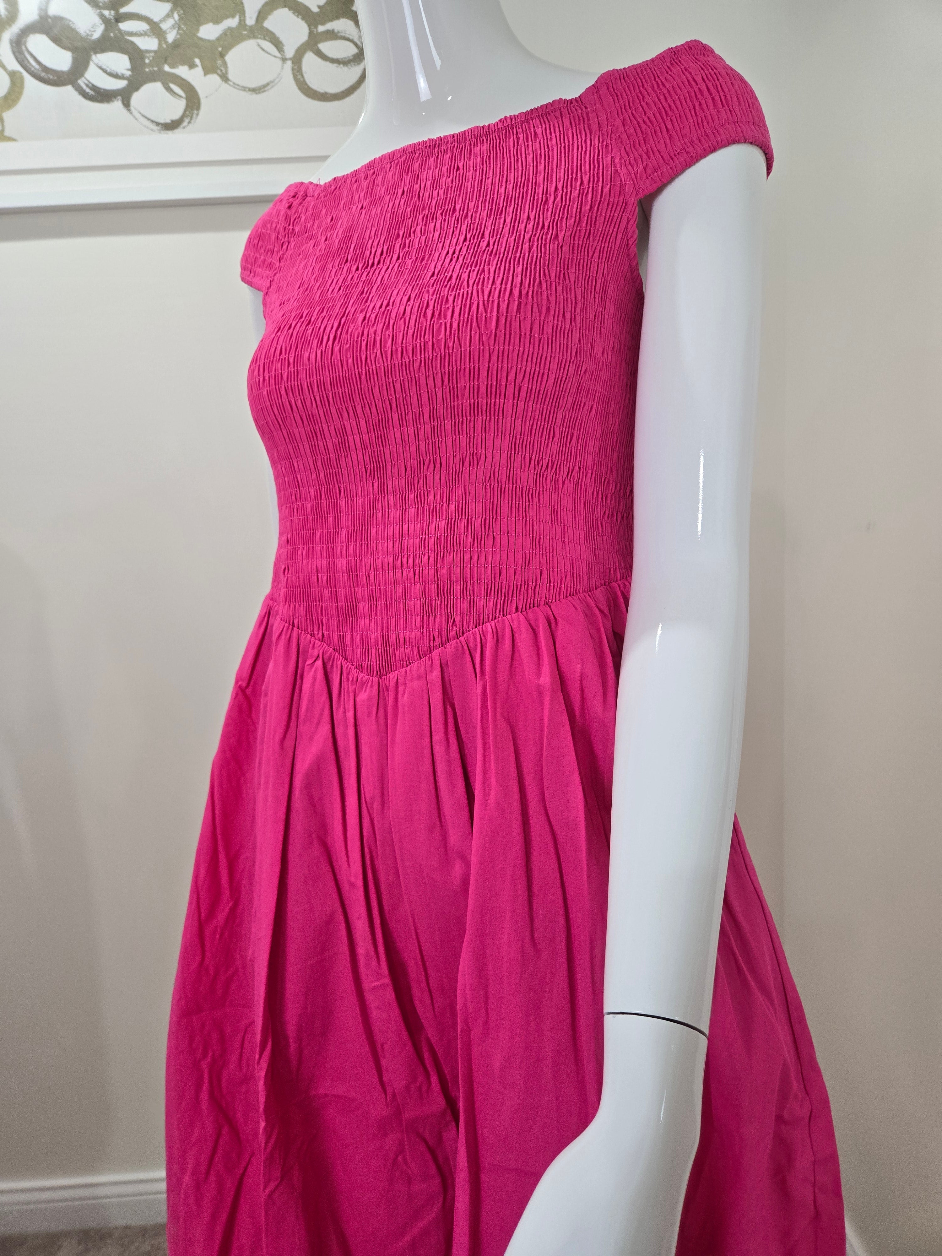 Fuchsia Smocked Dress, Fuchsia Women Midi Dress, Offshoulder