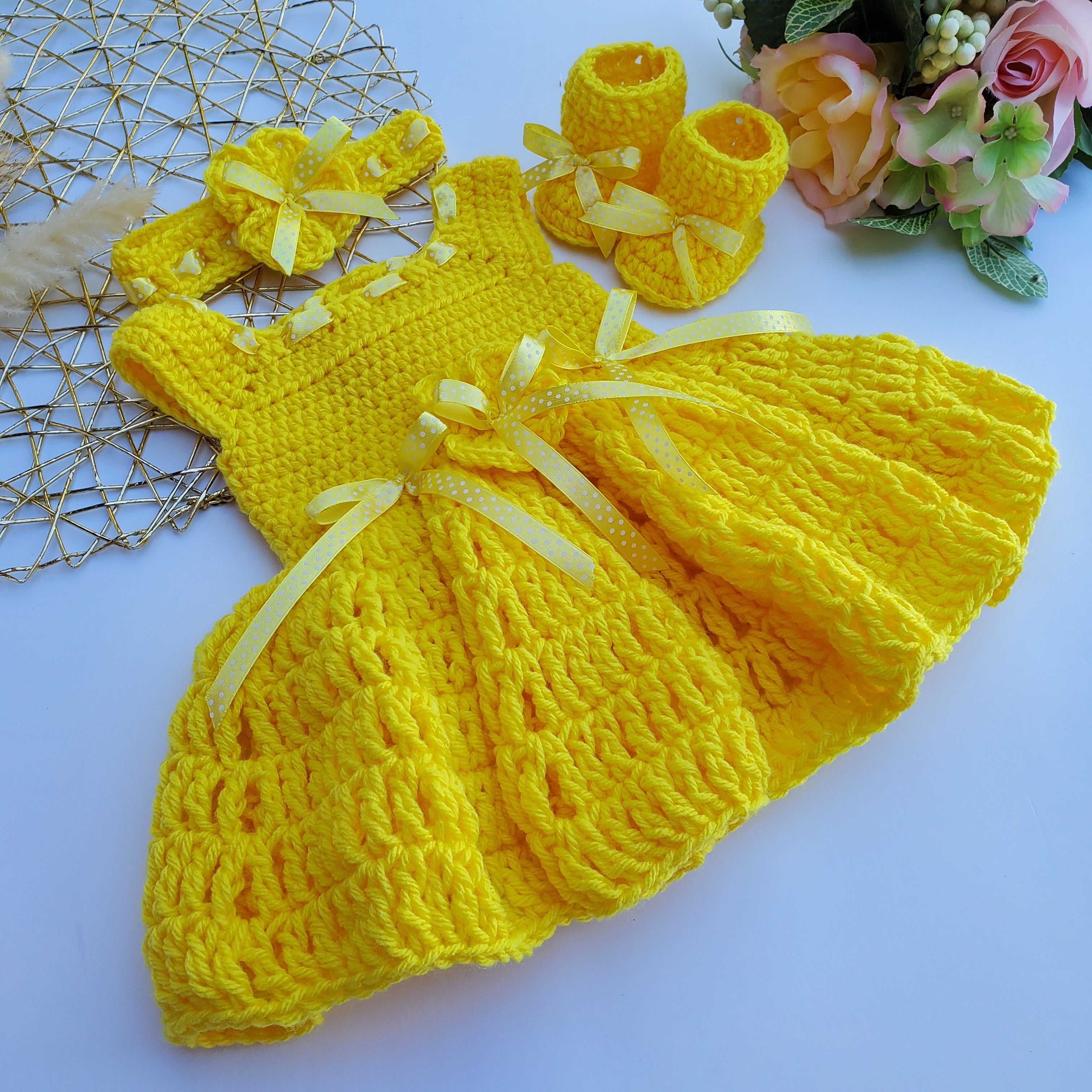 Crochet Baby Dress, Baby Booties and Heaband, Yellow Baby Set