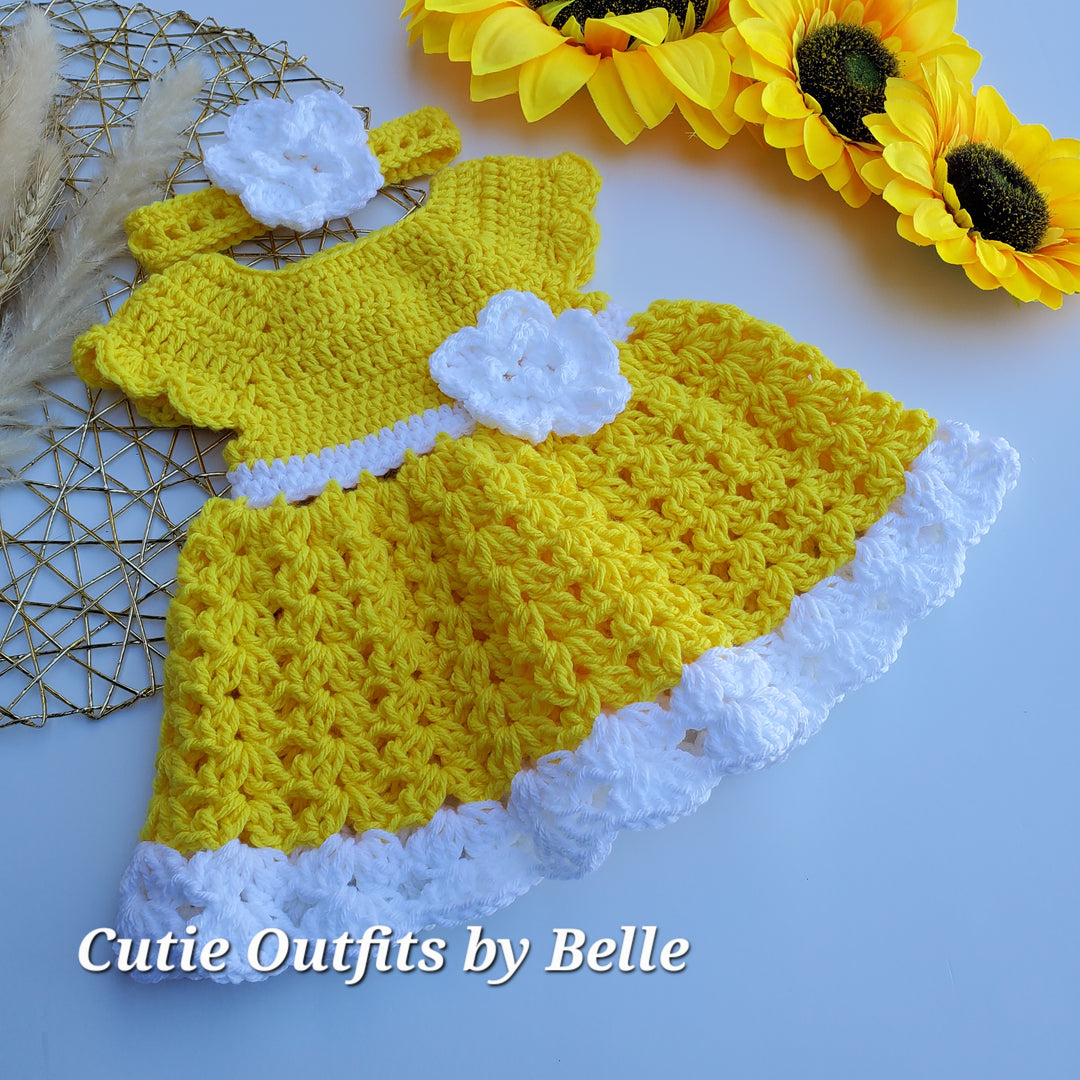 Bright Yellow and White Baby Crochet Dress with Headband , and Shoes