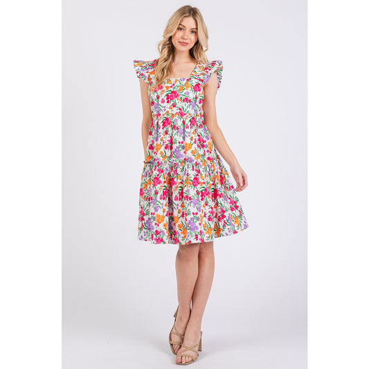 Cotton Women's Dress Multicolor Flower Print, Ruffle Shoulder A-Line Mini Dress