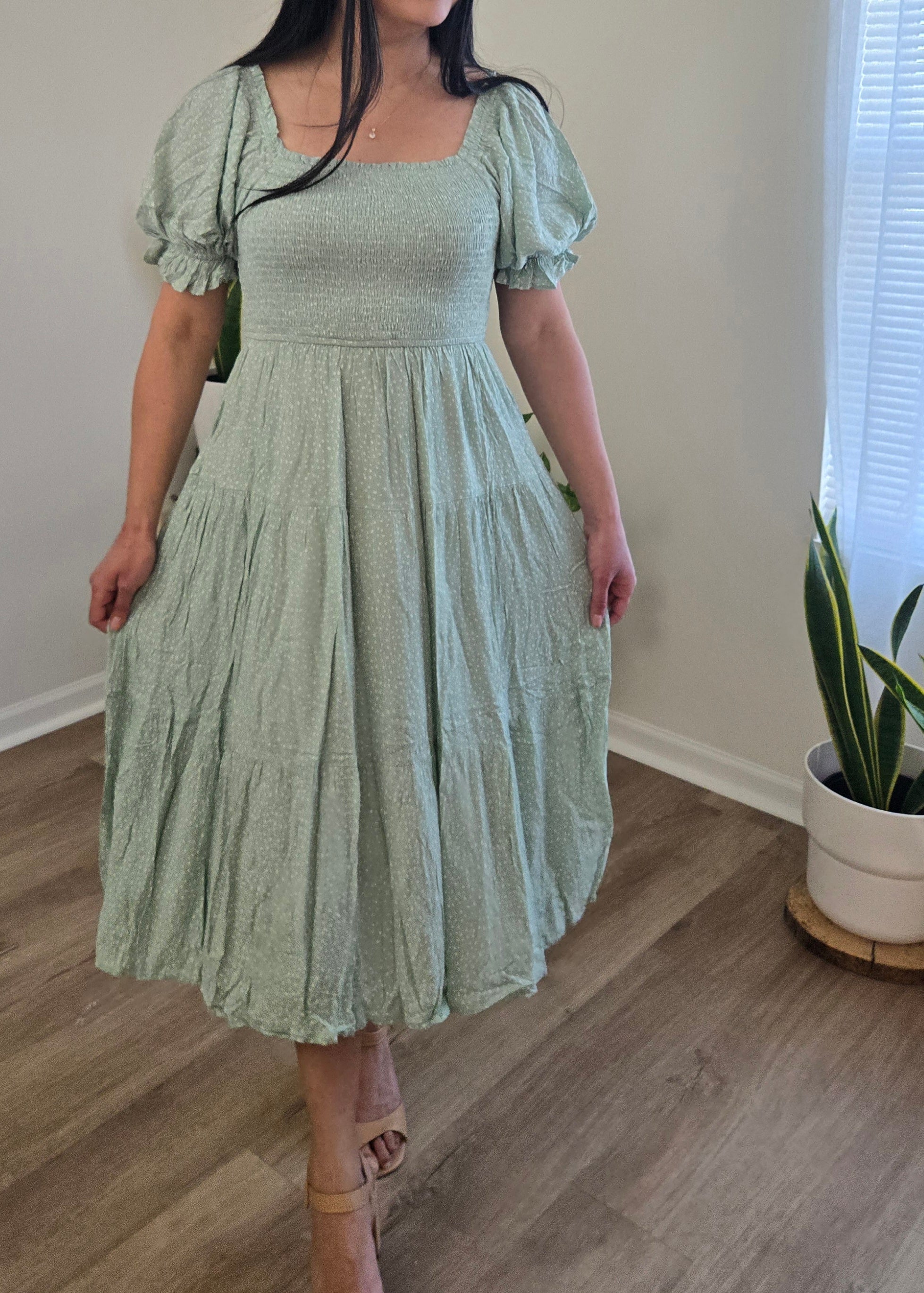 MIDI WOMEN DRESS, SMOCKING BODICE MIDI DRESS: Mint S-M-L