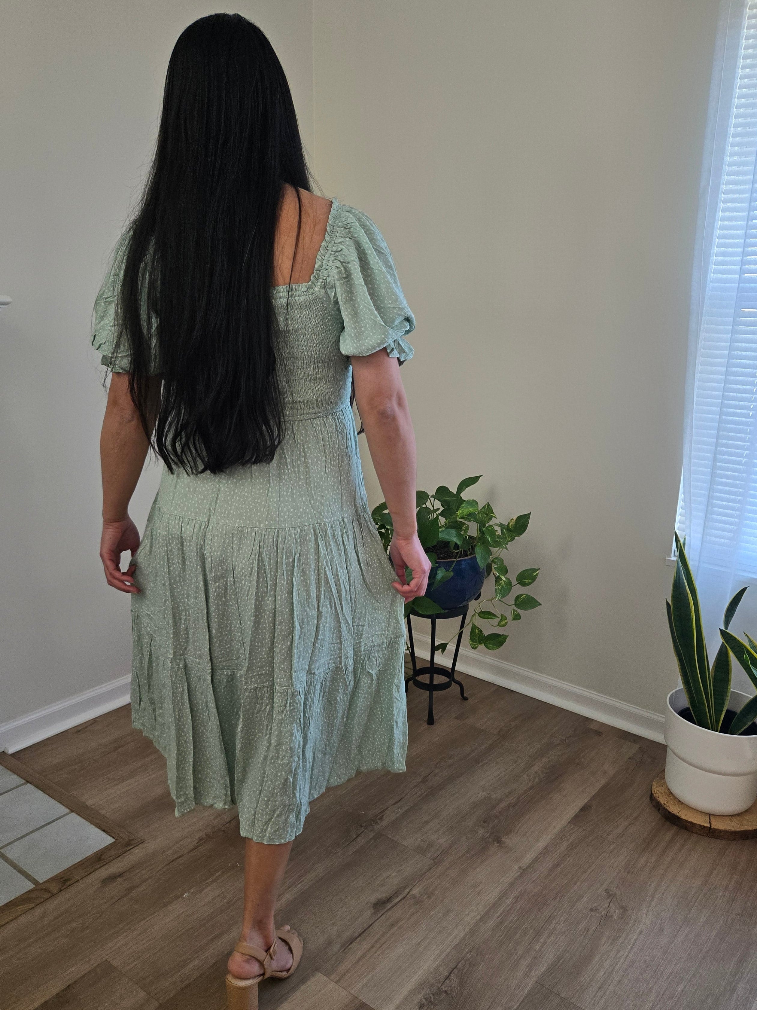 MIDI WOMEN DRESS, SMOCKING BODICE MIDI DRESS: Mint S-M-L
