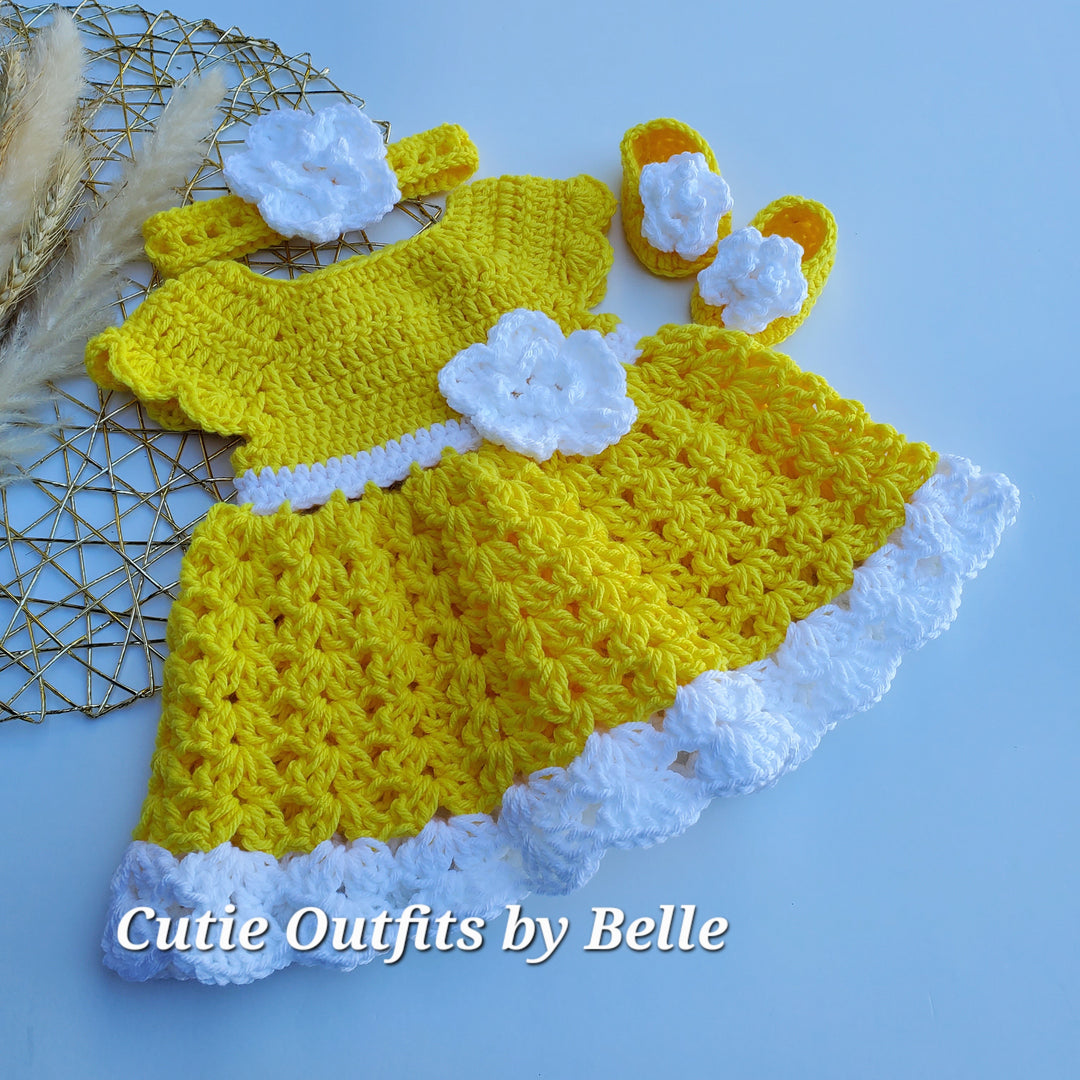 Bright Yellow and White Baby Crochet Dress with Headband , and Shoes