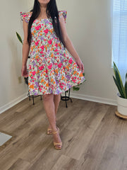 Cotton Women's Dress Multicolor Flower Print, Ruffle Shoulder A-Line Mini Dress