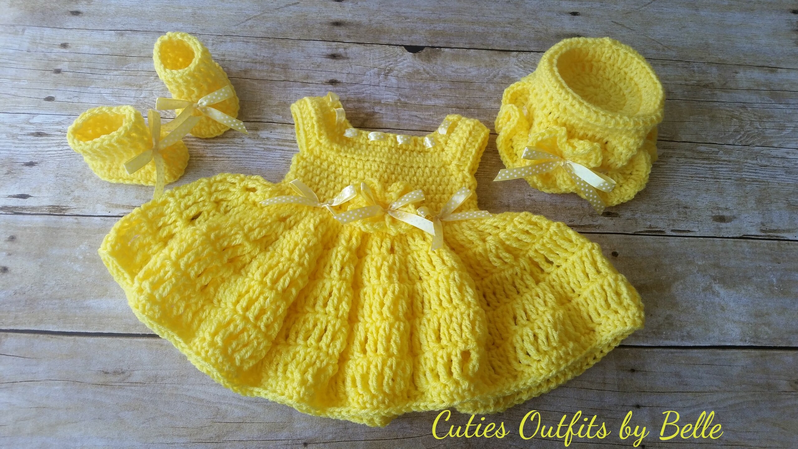 Yellow Crochet Baby Dress, Hat and Booties, 0-3 Months or Newborn