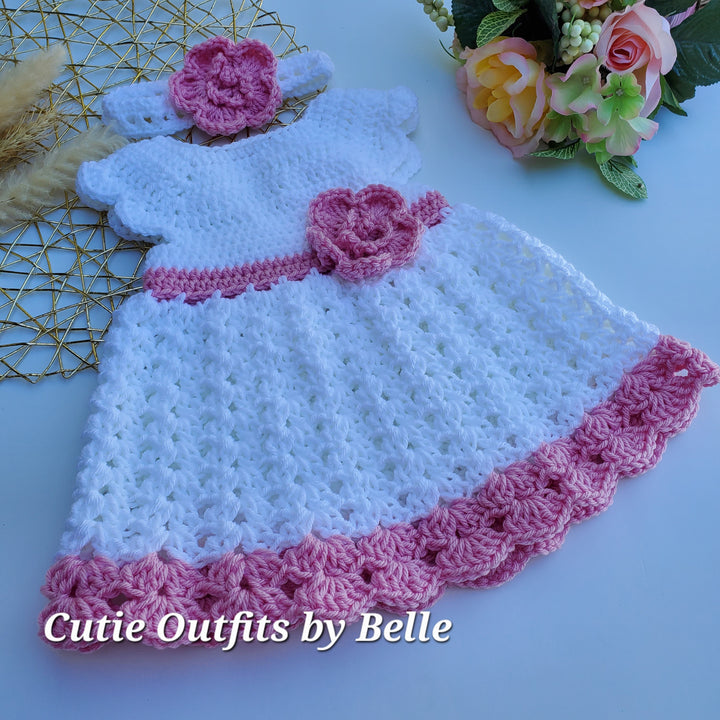 Pink and White Baby Crochet Dress with Headband , and Shoes