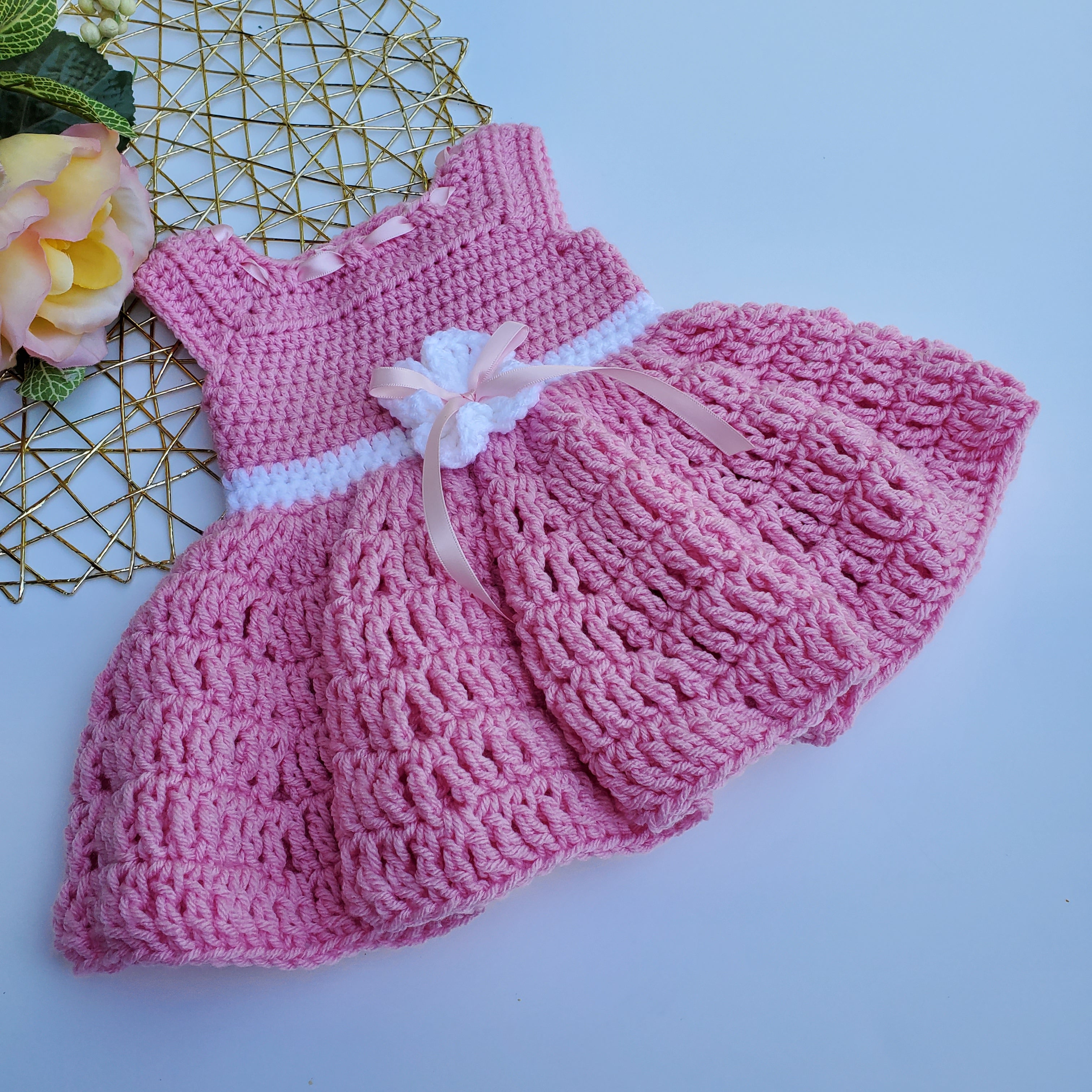 Pink Crochet Baby Dress, Hat and Booties