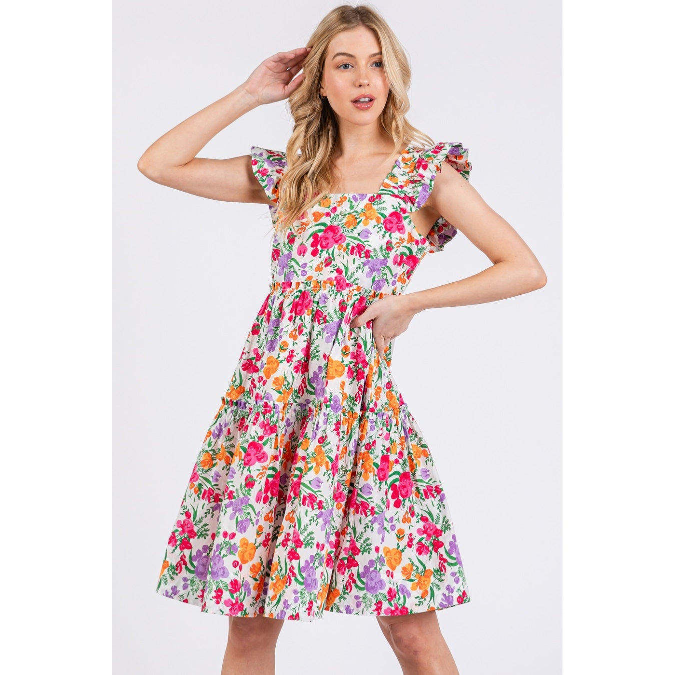 Cotton Women's Dress Multicolor Flower Print, Ruffle Shoulder A-Line Mini Dress
