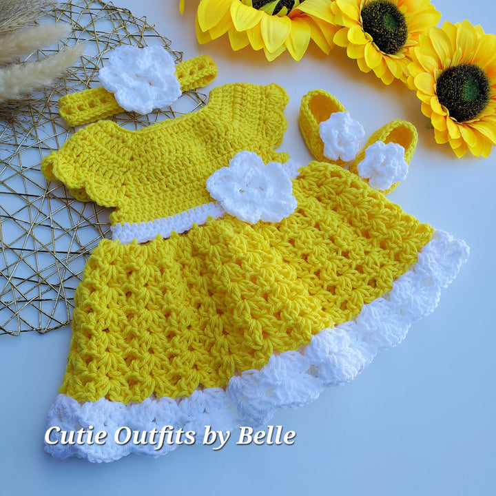 Bright Yellow and White Baby Crochet Dress with Headband , and Shoes