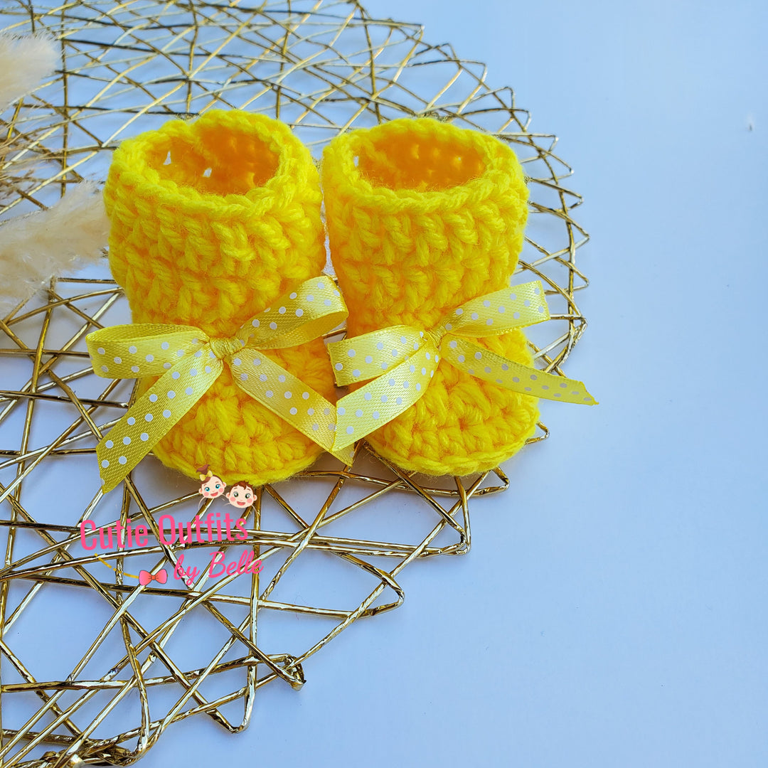 Crochet Baby Dress, Baby Booties and Heaband, Yellow Baby Set