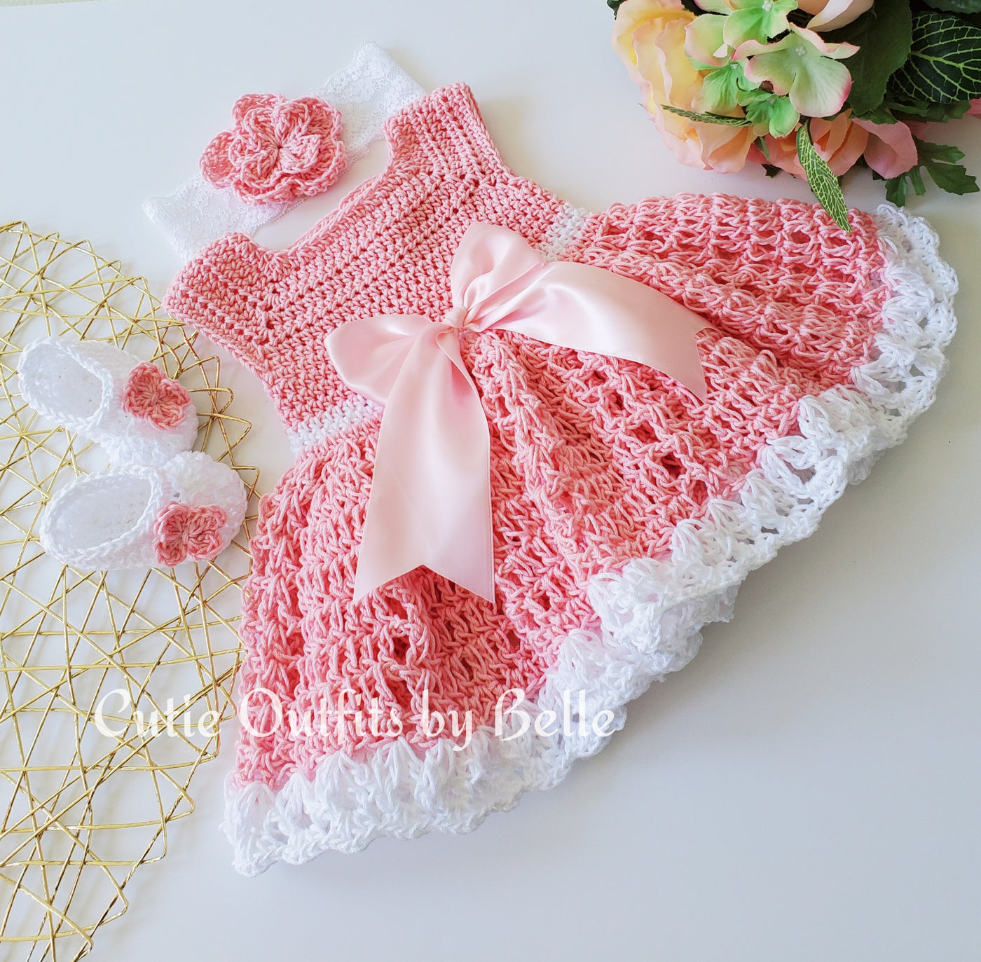 Pink Crochet Baby Dress, Cotton Crochet Baby Outfit, Baby Shower Gift, Vestido Bebe